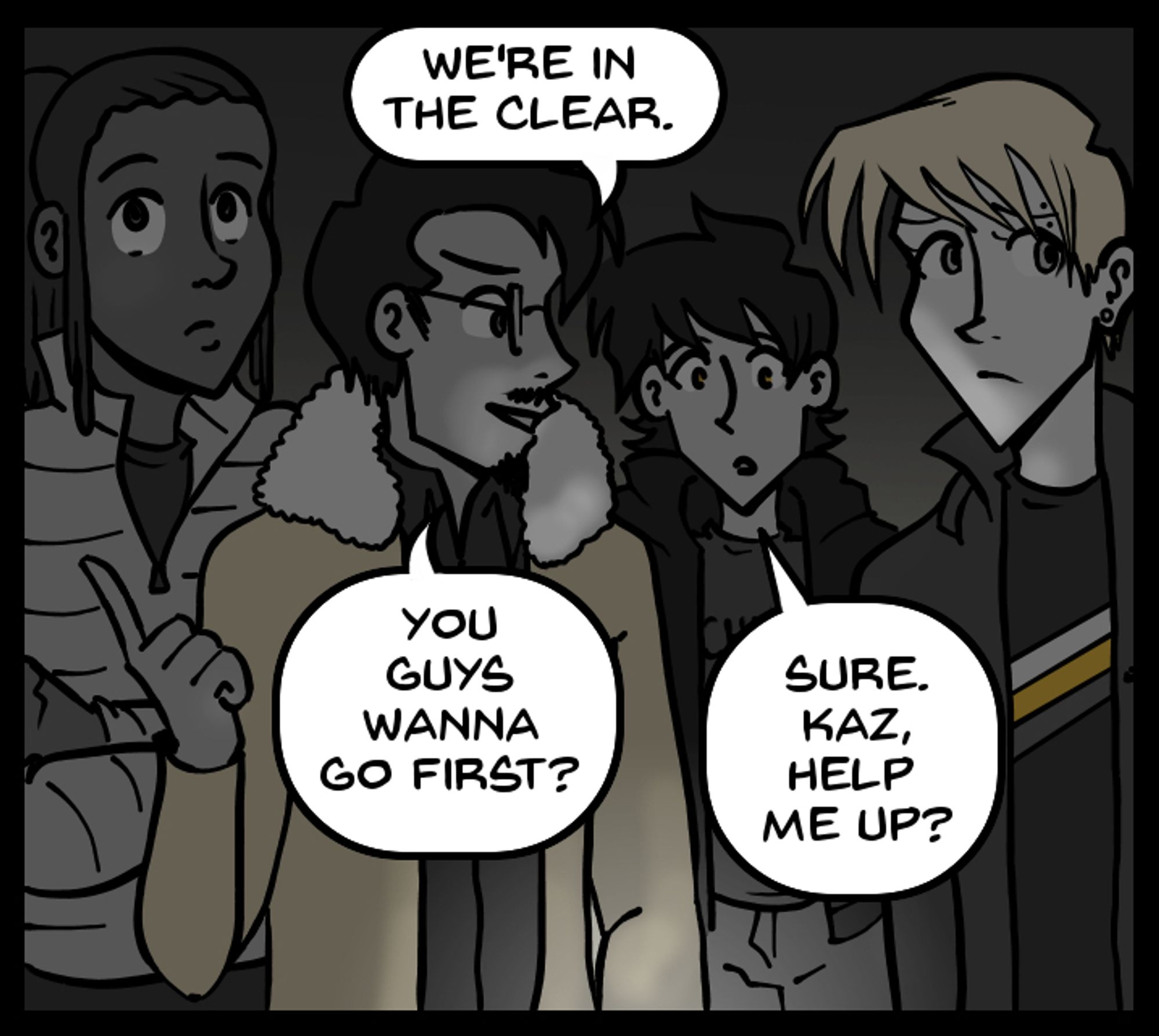 Comic panel of four men standing together and talking. Rahul, a dark-haired guy with glasses and a goatee, is saying "We're in the clear. You guys wanna go first?" And Alex, a dark-haired guy in a hoodie, is saying "Sure. Kaz, help me up?" to his boyfriend.