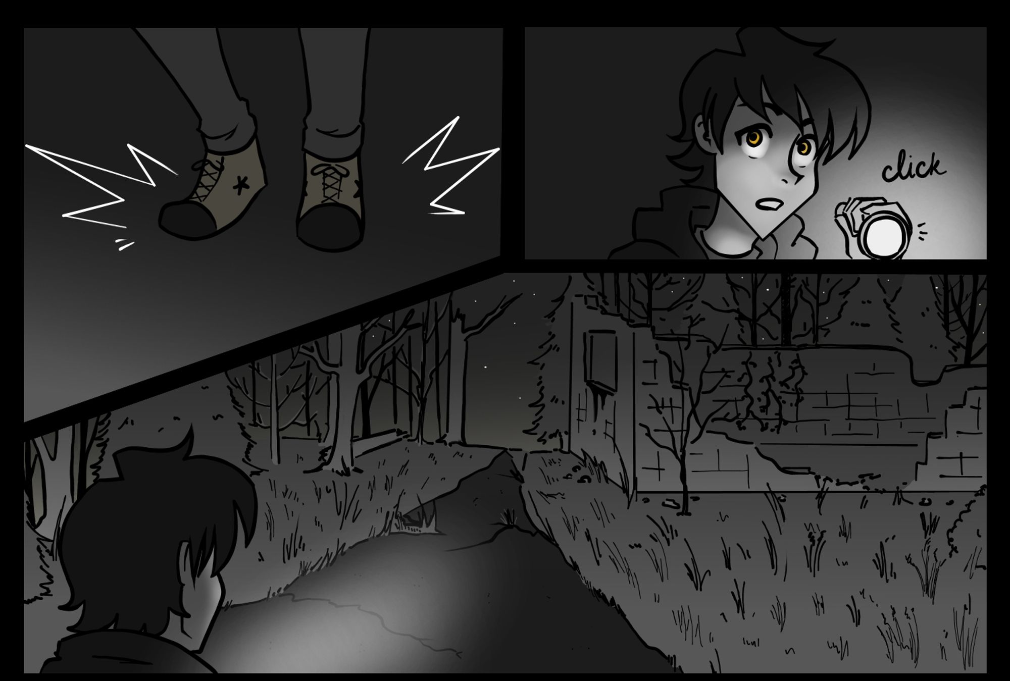 3 panel comic: 1st panel is of Alex's feet in yellow shoes, landing on the ground. Second panel is of Alex, a black-haired guy, turning on a flashlight. Third panel shows the back of Alex's head as he looks at a path into the woods and a crumbling building on the right.