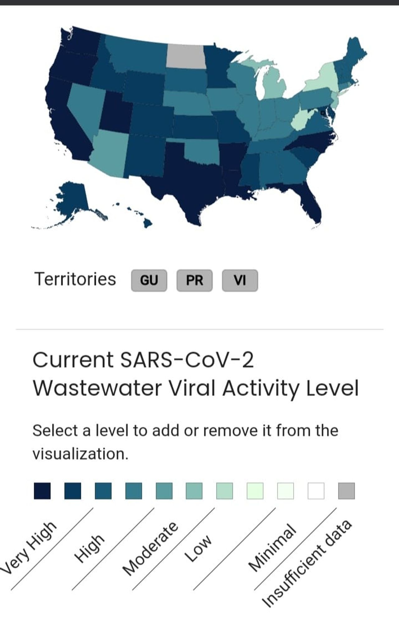 Map of the US showing COVID levels (darker = higher levels). Most areas in the US are very dark to moderately dark, showing the levels of SARS-CoV-2 in wastewater samples.