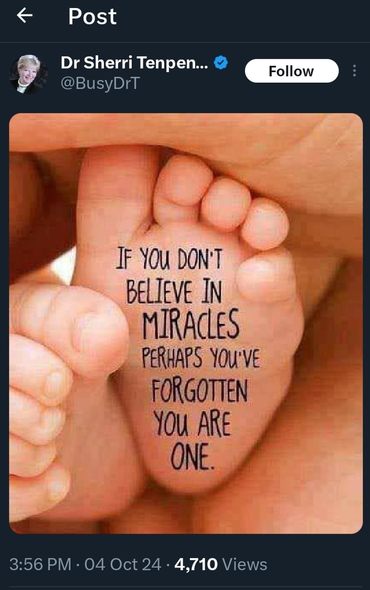 Twitter post from Sherri Tenpenny. Picture of baby foot saying "if you don't believe in miracles perhaps you've forgotten you are one"