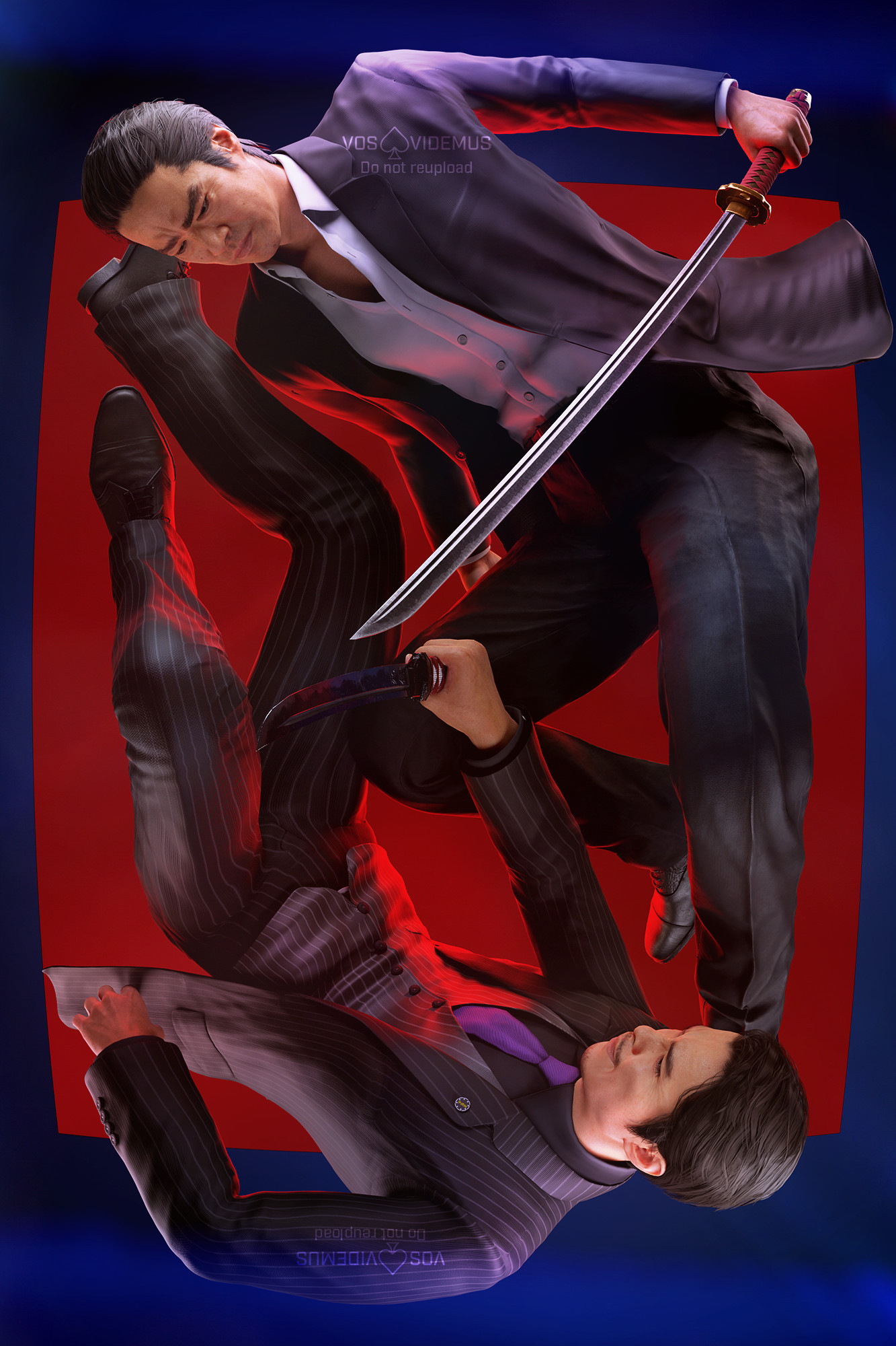 a render of Sawashiro Jo and Ebina Masataka, they are floating in the air with a katana and tanto respectively. Ebina is upside down, looking up