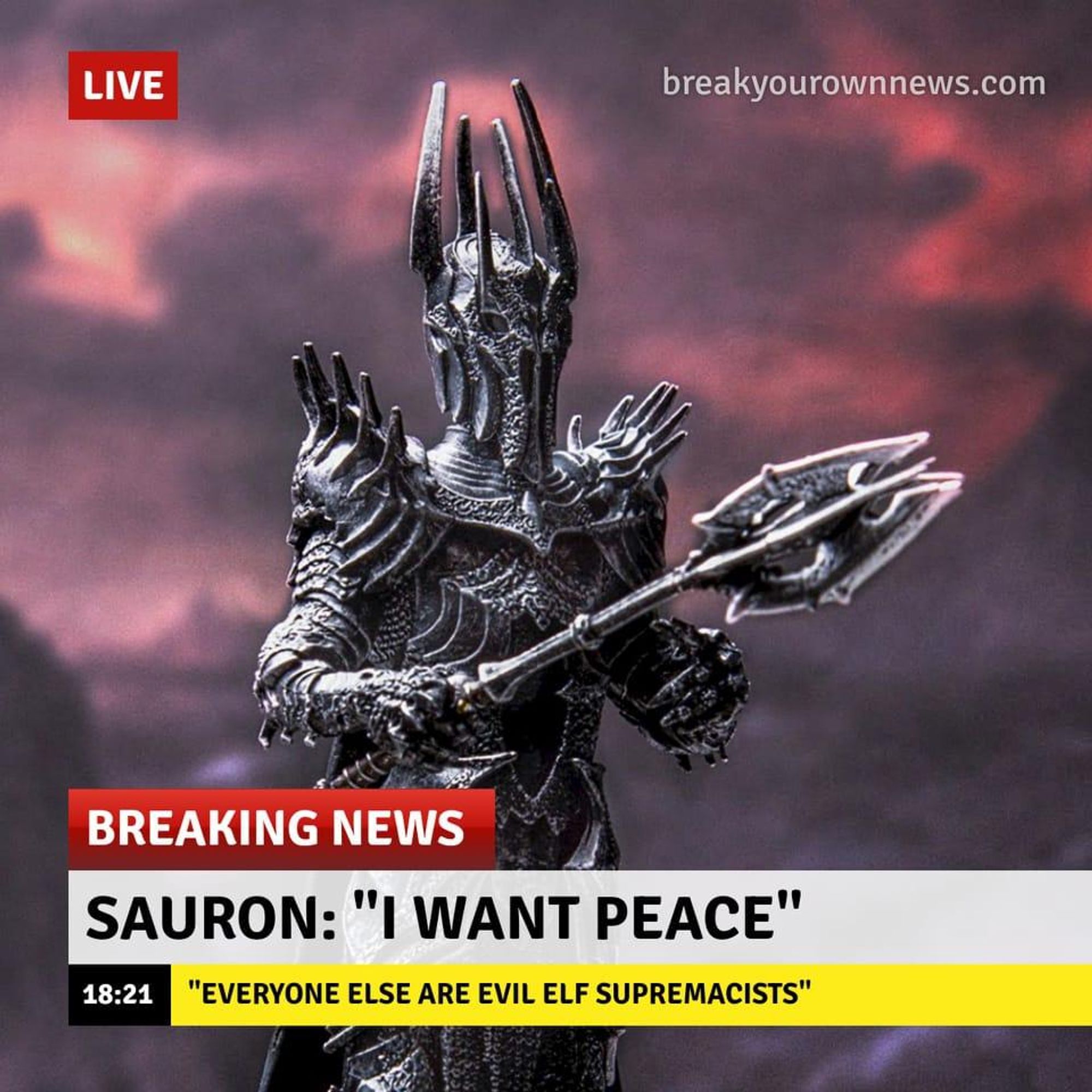 Sauron saying he wants peace, accusing the others of being guilty. 

Required Notice: 
Picture was probably created by AI or Photoshop, Source: https://x.com/AriahBen2024/status/1840240795317674373