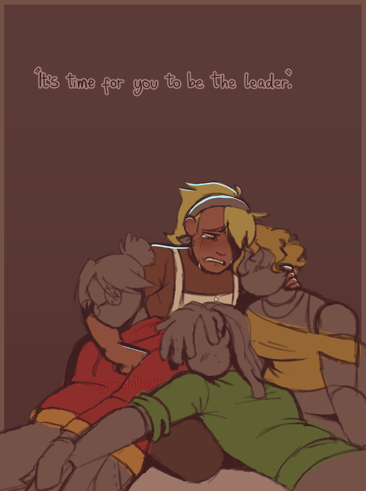 The picture shows 4 humanized characters from the show Inanimate Insanity: Paintbrush, Lightbulb, Fan and Test Tube, with very dull colors, above them is text writen "It's time for you to be the leader." Paintbrush, in absolute shambles, holds onto their fellow team mates, who are lifeless and look doll-like.