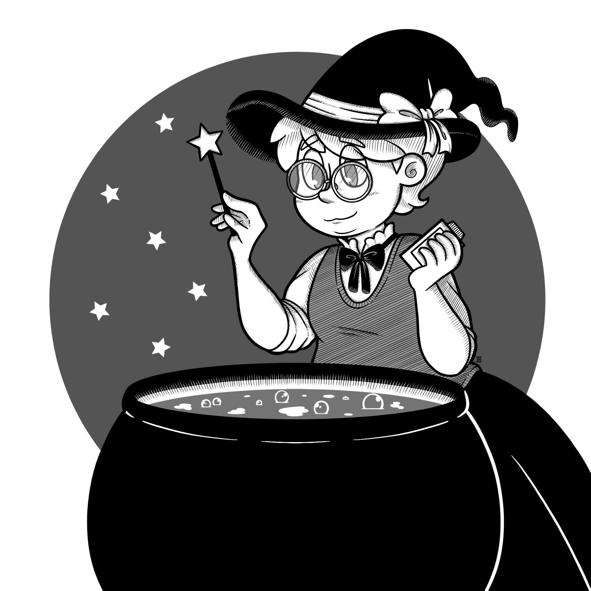 A digital black and white drawing of a witch standing over a bubbling black cauldron. She's holding a star wand aloft with little stars coming off of it in the background, while her other hand is holding a bottle of some unknown ingredient. Her black witch hat has a ribbon tied to it, and she's otherwise wearing a sweater vest over rolled up sleeves and a long black skirt. She's wearing rounded glasses and has short hair. Light is coming off of the cauldron.