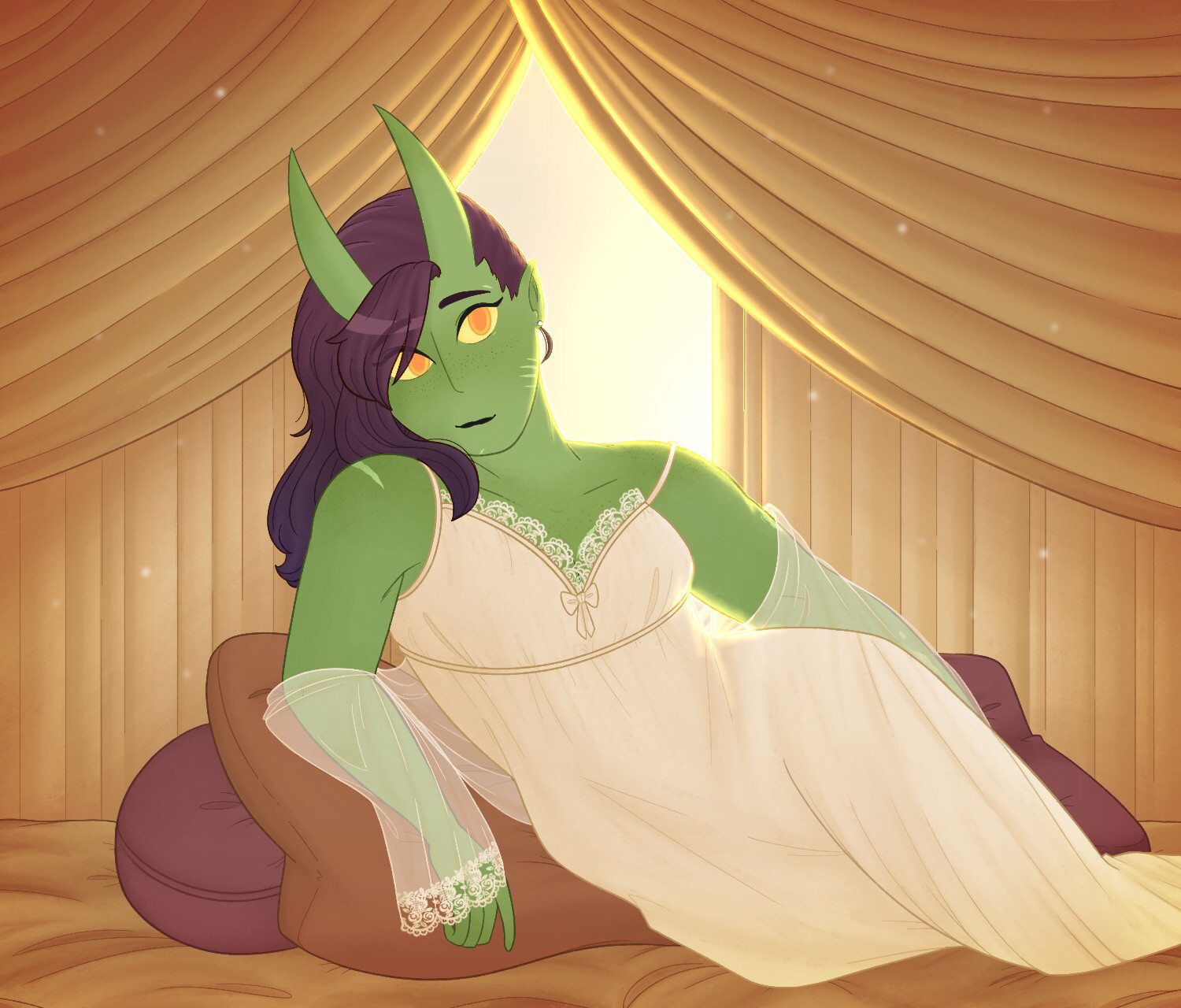 An illustration of a green tiefling woman half laying on her side on a pile of cushions. The bed beneath her and the drapery framing her are a warm beige, and there's a light behind her to highlight the edges of everything. Her purple hair is let down and pulled to one side of her head to partially rest over one shoulder. She has yellow eyes and a soft smile. She's wearing a cream colored nightgown with lace trim and a sheer wrap slouched down over her arms. The atmosphere is meant to be comforting and warm.