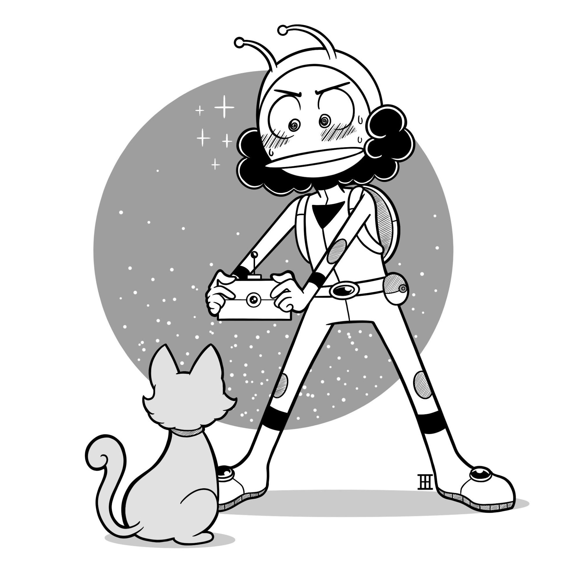 A digital black and white drawing of an alien person standing with a camera in her hands and extended out for a close up shot of a cat standing slightly in the foreground. She has dark curly hair coming out of her space suit and two little antennae on her head. She looks very excited and enthralled to see such a cute creature on earth.