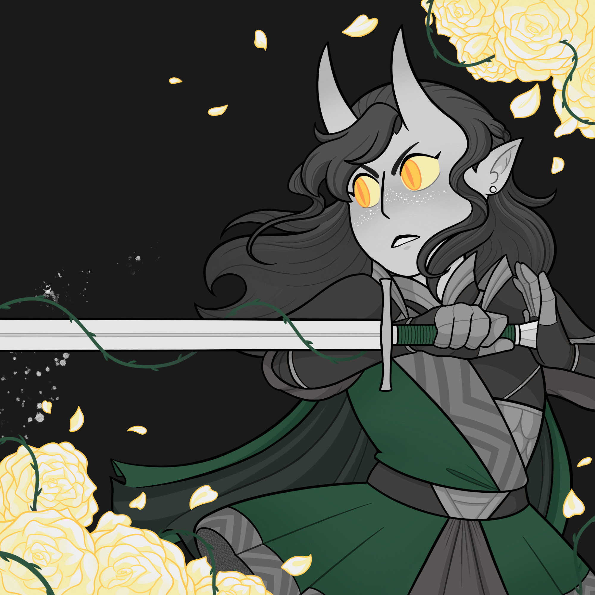 A limited palette illustration. The background is solid black and the piece is in greyscale save for white roses in the corners lined in yellow, green thorny vines among them and a single strand wrapping around the sword that is lined horizontally through the center of the piece. A tiefling is holding the sword, bracing it with her hands and looking off to the side with yellow eyes. The only other color are the greens in the tunic over her armor and her cape.