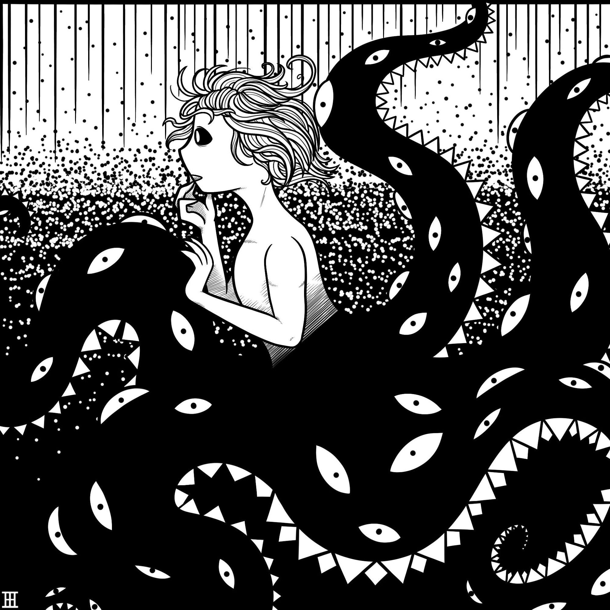 A digital black and white drawing of a person with the upper half resembling a human while their bottom half is a writhing mass of pure black tentacles lined with eyes and sharpened teeth. The background fades between black stippled with white to white stippled with black at the top.