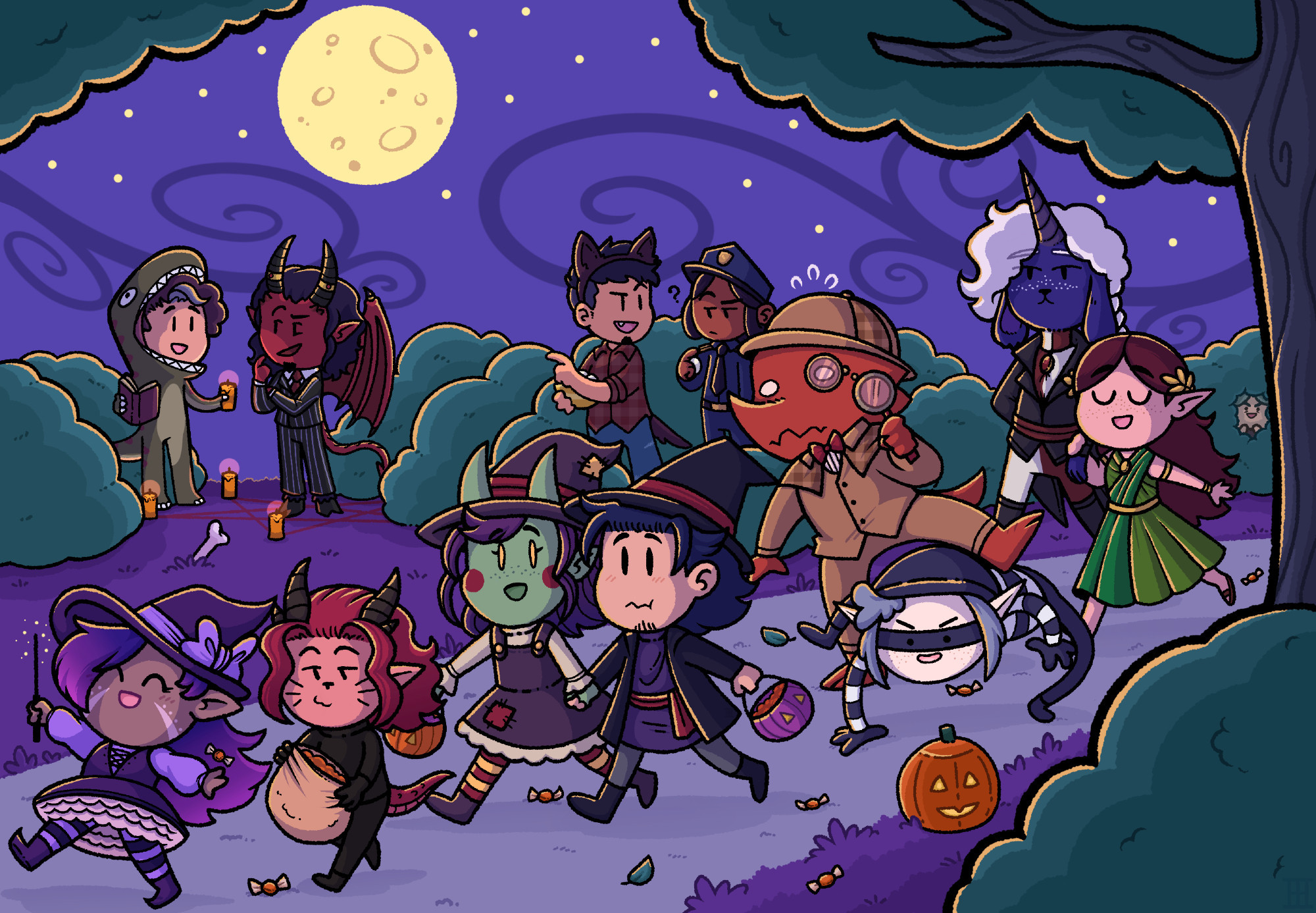 A line up of a dozen chibi characters all in different Halloween costumes, walking down a road surrounded by bushes and trees with a full moon in the sky behind them. From left to right in the foreground are: a halfling witch, a halfling dragon, a green tiefling scarecrow, a human wizard, a vermillion dragonborn detective stepping over a pale eladrin burglar crawling on the ground, a firbolg-tiefling in finery, and an elf in a long green dress. In the background from left to right are: a human in a dinosaur costume summoning a cambion lawyer; a human in a lazy werewolf costume and a human woman in a police officer costume. The palette is primarily purple and teal with the characters having unique colors.