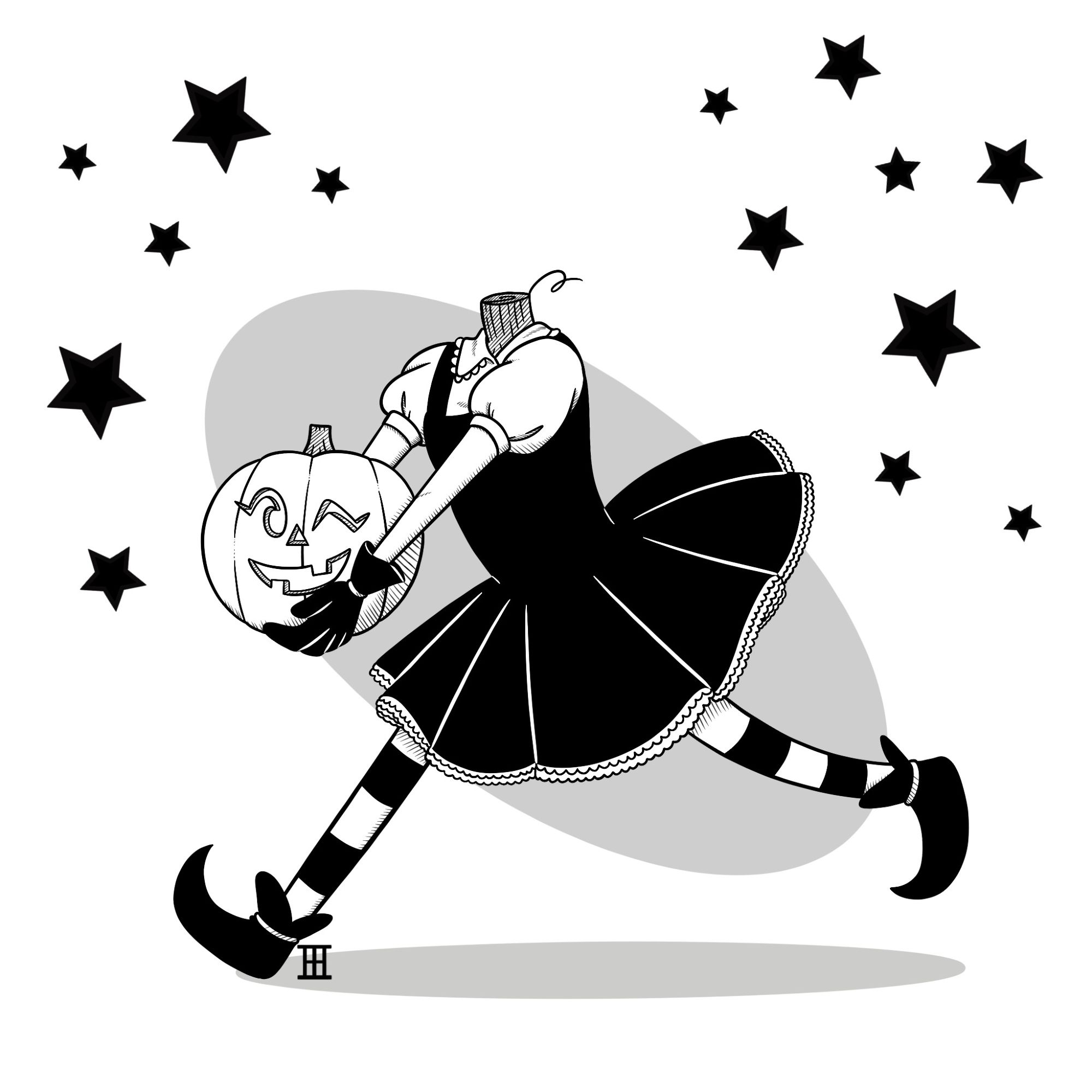 A black and white drawing of a pumpkin girl holding her own gourd head in hands, mid-step as she runs right to left. Her face is carved into a wink and a big smile, and her dismembered neck is fashioned like a pumpkin vine. She's wearing short puff sleeves under a black dress with small frills underneath. Her stockings and striped and her shoes are pointed. Around her in the background are black stars.