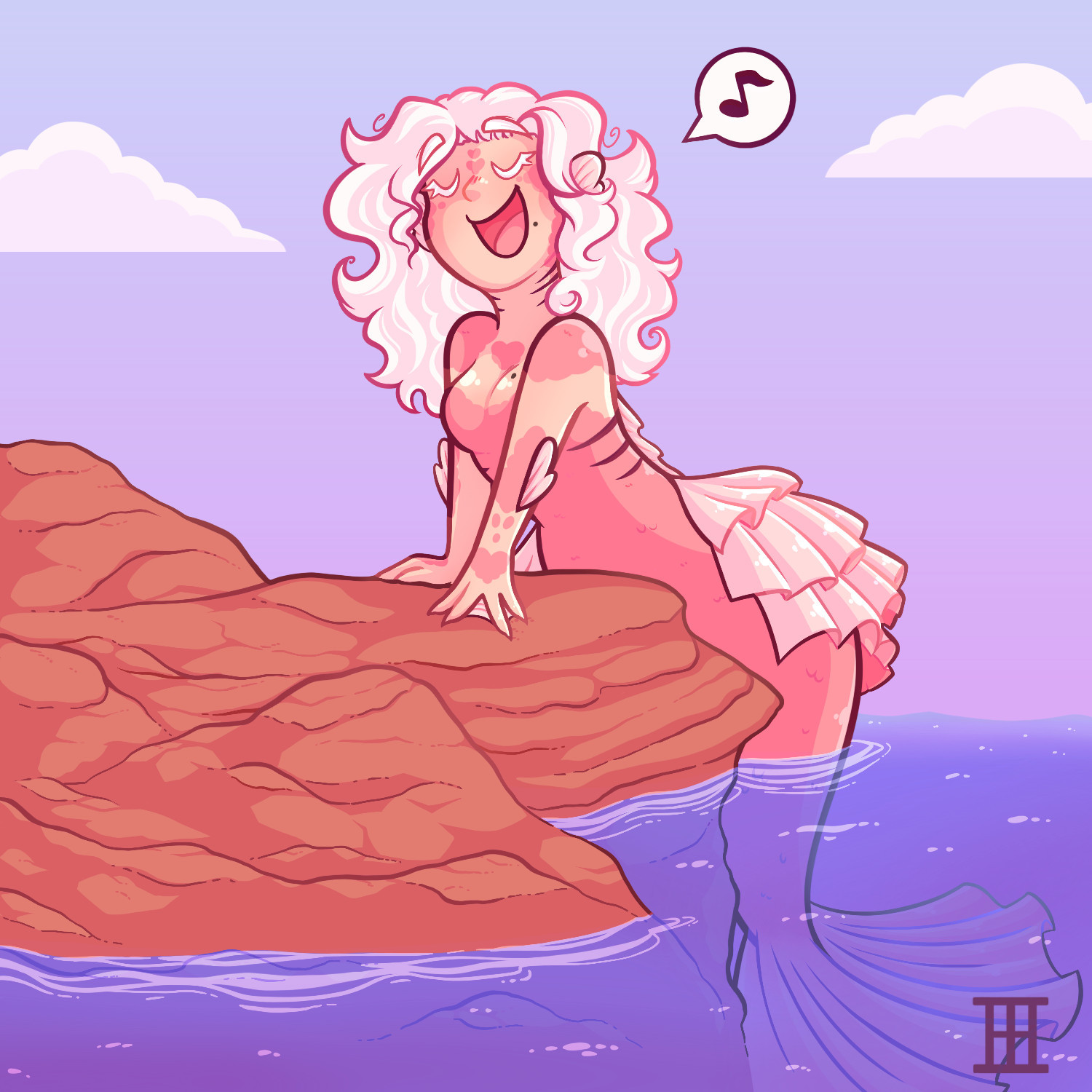 A pink mermaid with fluffy white hair is half-perched on an out-cropping of rock, the bottom half of her tail still in the water. Some of her scales are in the shape of hearts on her hands, chest, and face. She has fins on her tail in the style of a frilly bustle. There's a single musical note near her head in a speech bubble, as she is singing something non-specific.