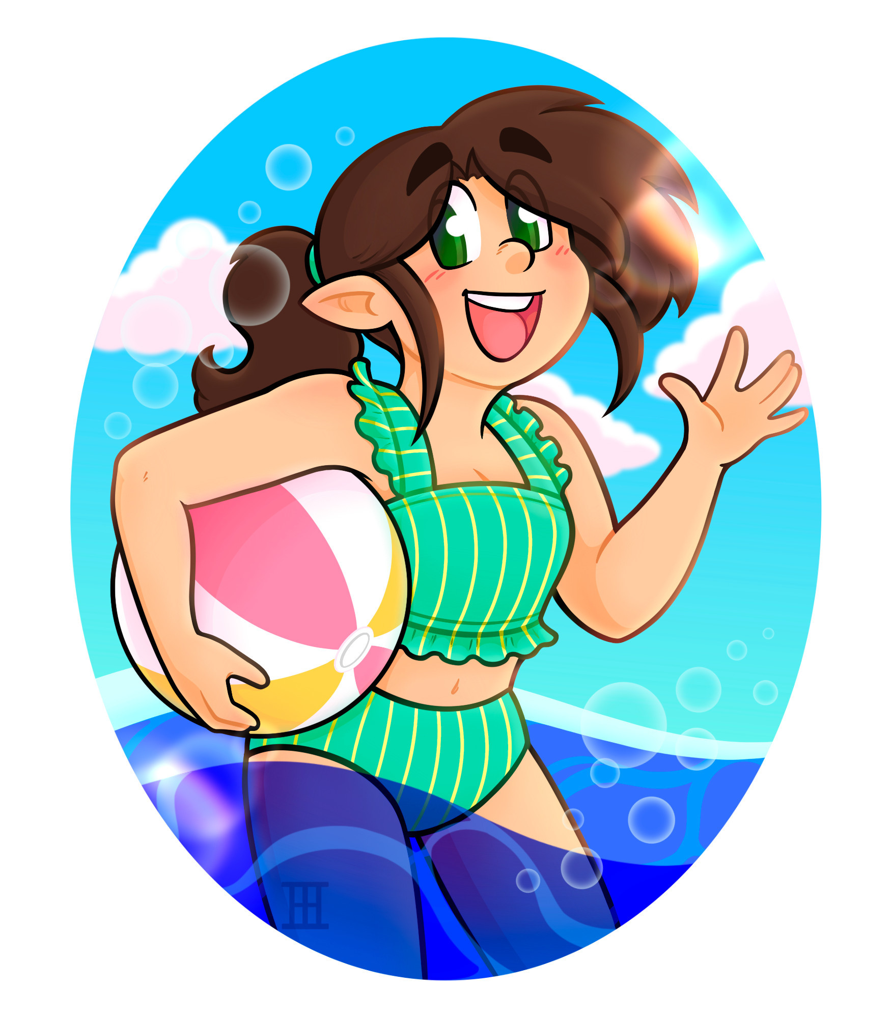 An illustration of my OC Lima waving at the camera with a big smile on her face and a pink, yellow, and white beach ball under her other arm. She is a white-skinned elf with green eyes and brown hair tied back in a pony tail with bangs swept around the side of her face. She's wearing a seafoam colored two-piece swimsuit with thin yellow pinstripe lines. She's standing in the blue ocean with white clouds behind her in the sky and the sun shining brightly.