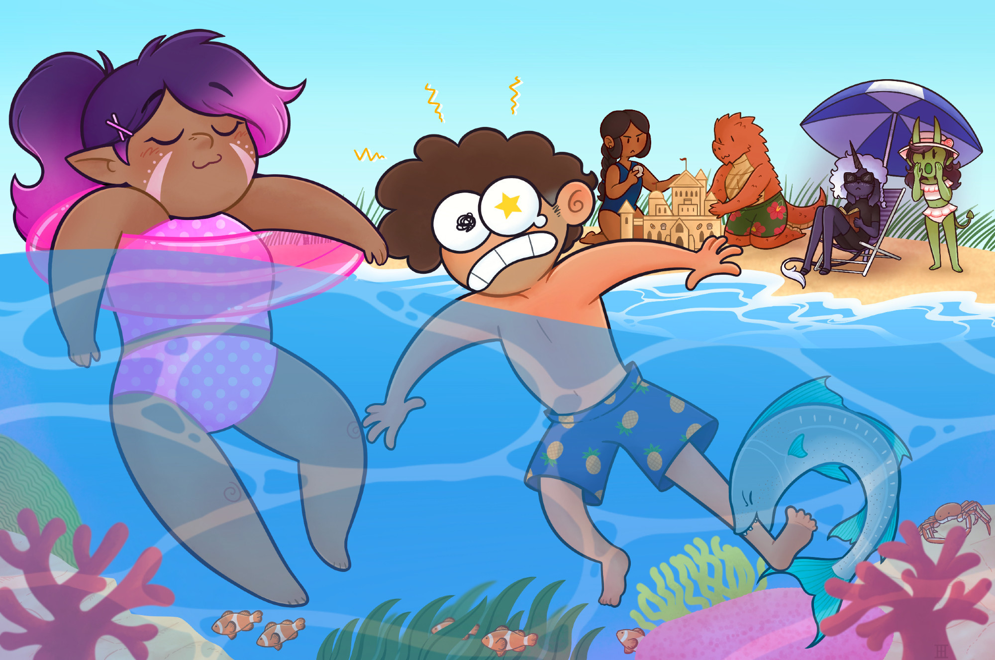 An illustration of my D&D group at the beach. In the foreground, floating in the water above coral and clown fish, are a dark-skinned halfling with purple and pink hair floating in a pink inner tube looking content. Beside her in a white human man with curly brown hair in cartoonish pain as a large white and blue fish bites his leg. In the background on the shore, a dark-skinned human woman and an orange dragonborn are building a sand castle. A purple furred firbolg is sitting under an umbrella reading. Beside him, a green-skinned tiefling is calling to those in the water.