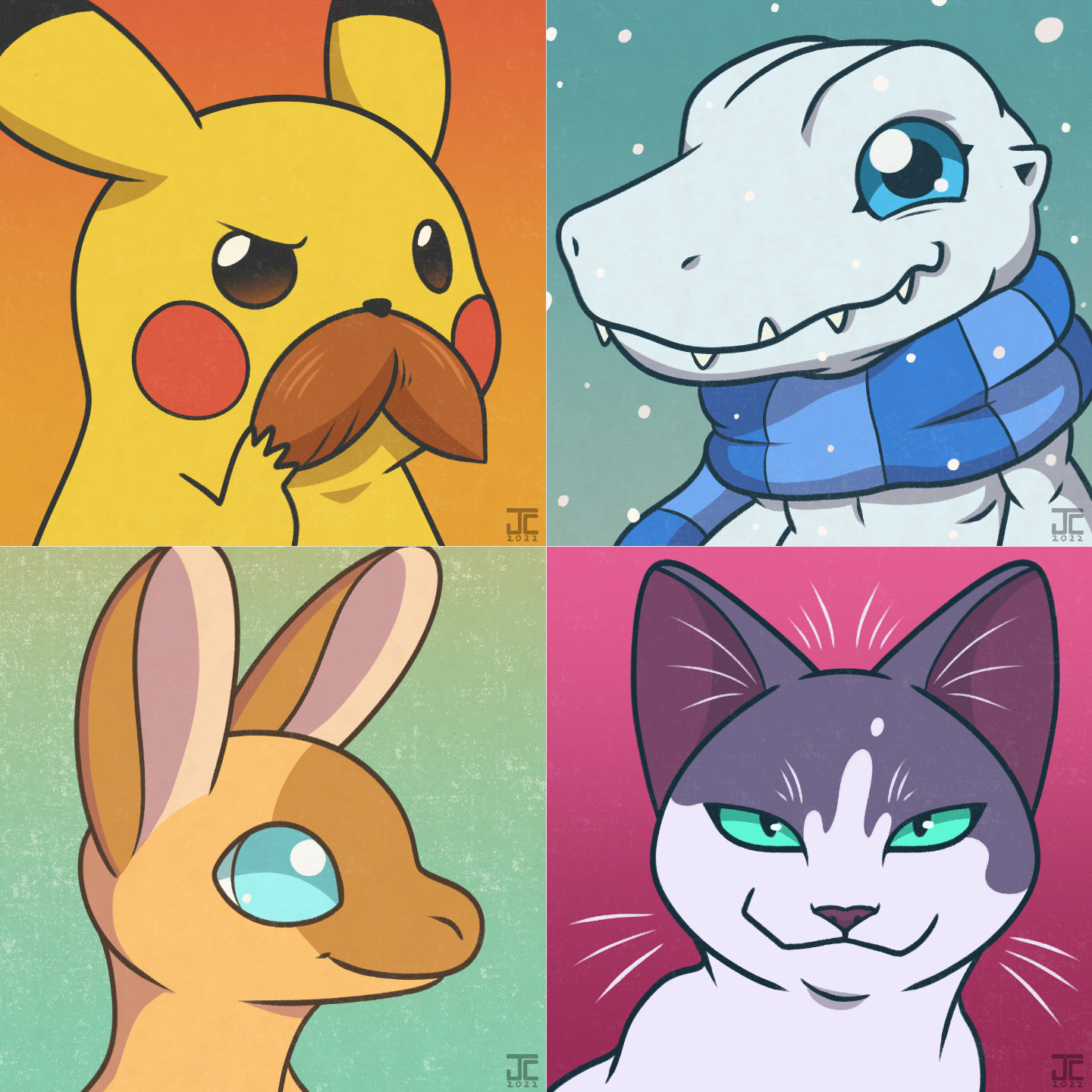 Four avatars, Pikachu with a mustache, SnowAgumon with a scarf, an oppie belonging to EllieJayBird, and a gray and white cat.