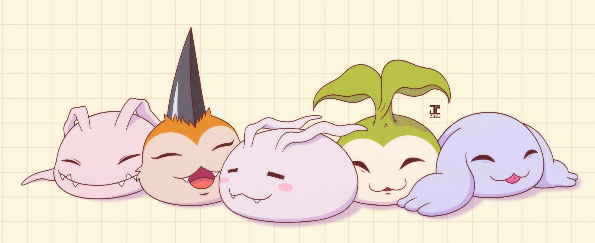 A Koromon, Tsunomon, Tokomon, Tanemon, and Pagumon sleeping in a row 