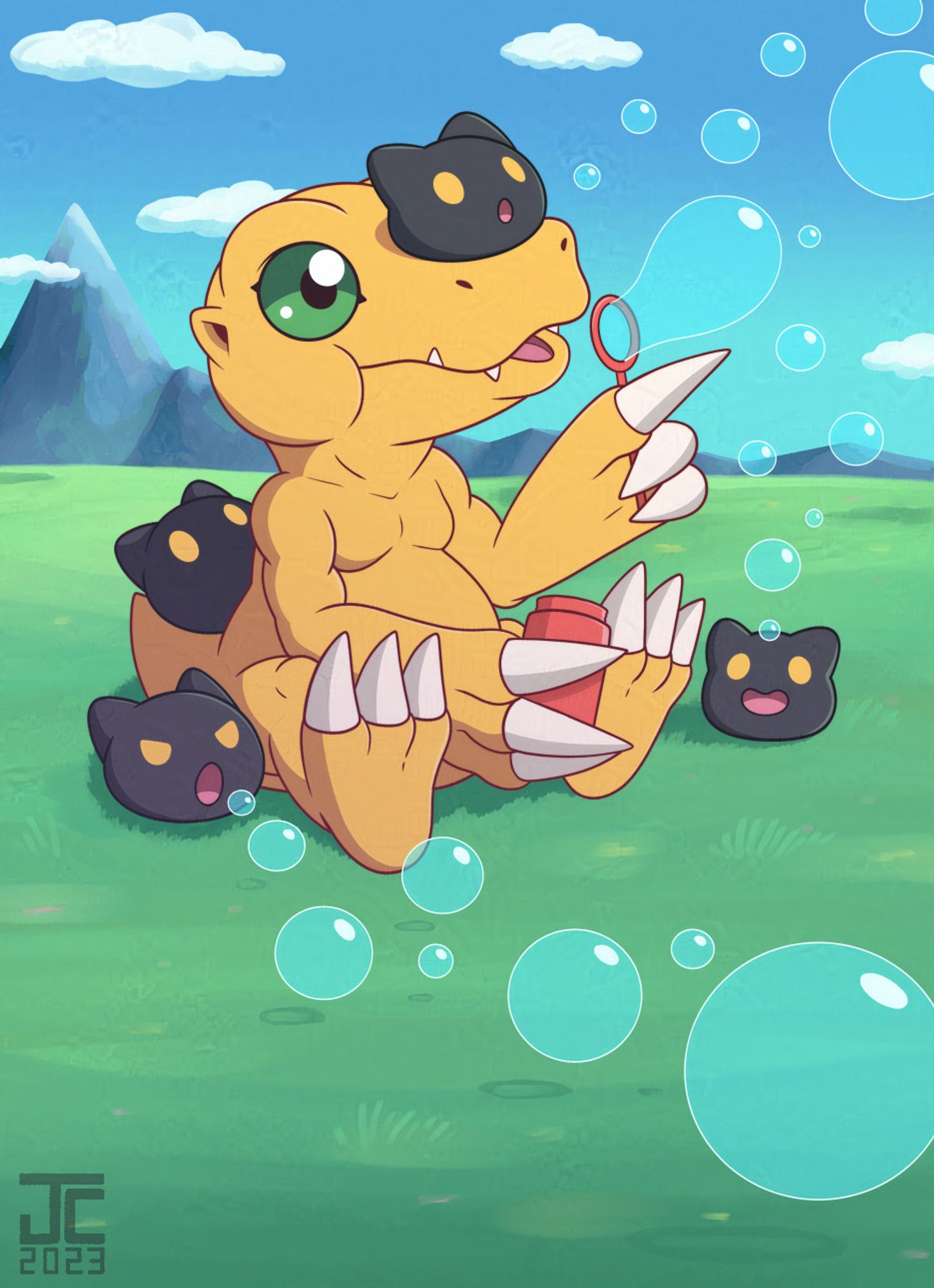 Agumon blowing bubbles with some Botamon