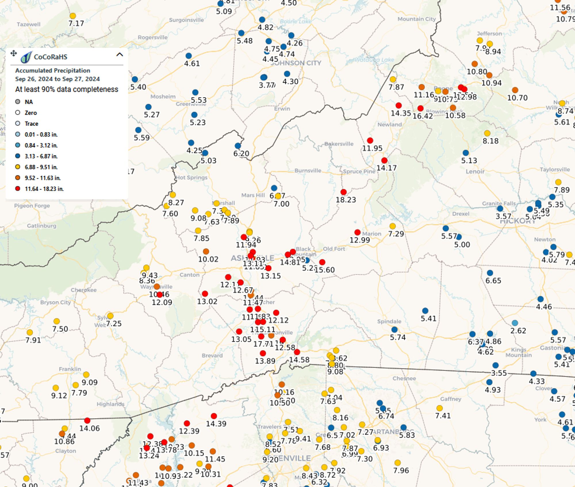 CoCoRaHS map of two day precipitation totals in the western Carolinas and northern Georgia.

Source: https://maps.cocorahs.org/