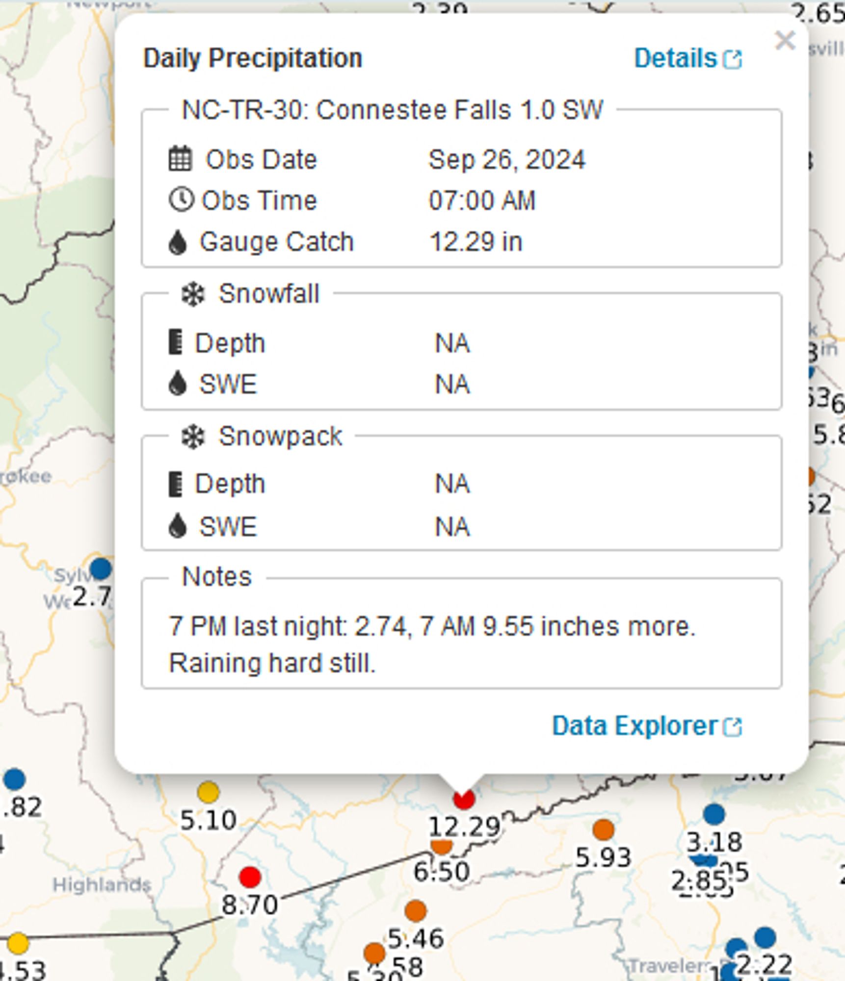 Daily precipitation info with a note that reads "7 PM last night: 2.74, 7 AM 9.55 inches more. Raining hard still."