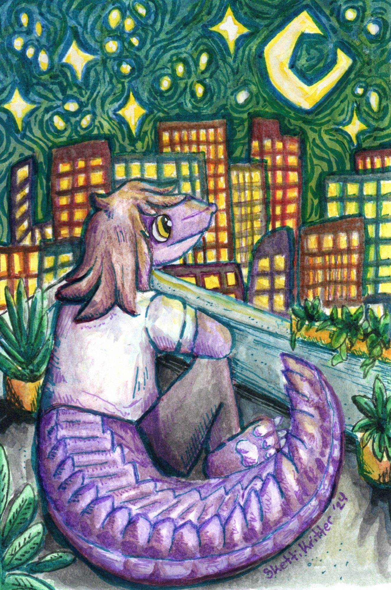 watercolor of iMusey's character, Dan. A purple anthro alligator on top of a building's rooftop. Plants are also sitting with him. Cityscape of multiple colored buildings and a starry night sky in the background.