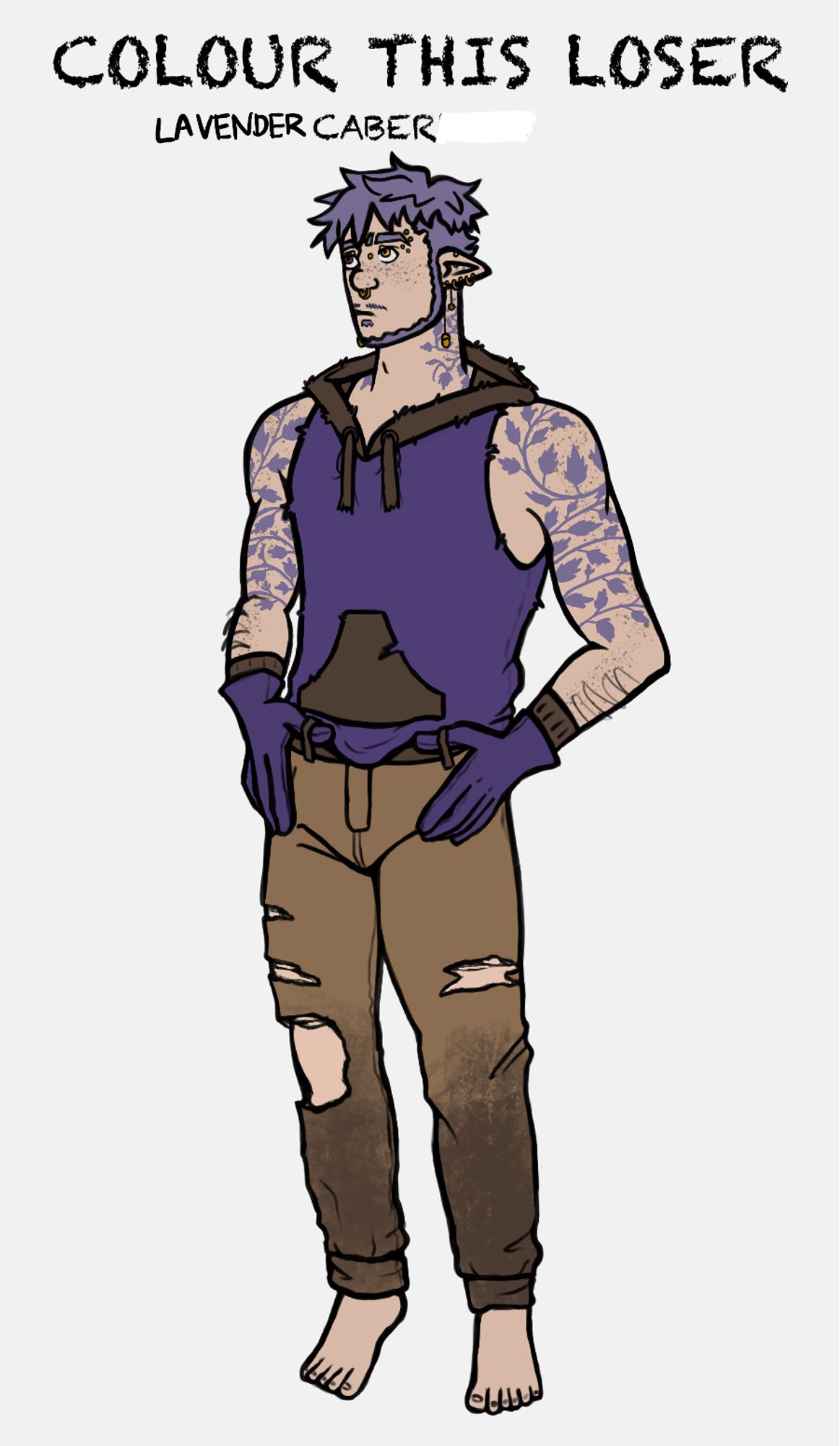 An elf with short hair and a thin beard with leaf tattoos on their arms. They’re wearing a tank hoodie and ripped jeans. Text above reads, “Colour this loser. Lavender Caberhook.” They are coloured with lavender hair, lavender tattoos, a purple shirt, and brown pants that darken at the knees.