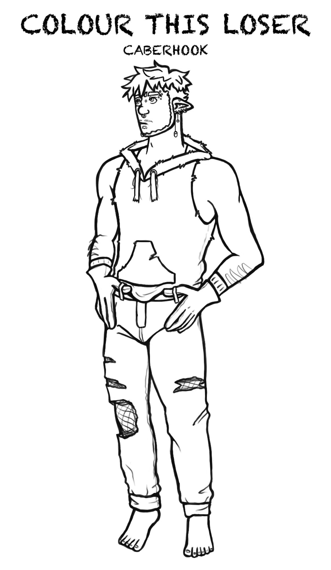 Colourless lineart of an elf with short hair and a thin beard. They’re wearing a tank hoodie and ripped jeans. Text above reads, “Colour this loser. Caberhook.”