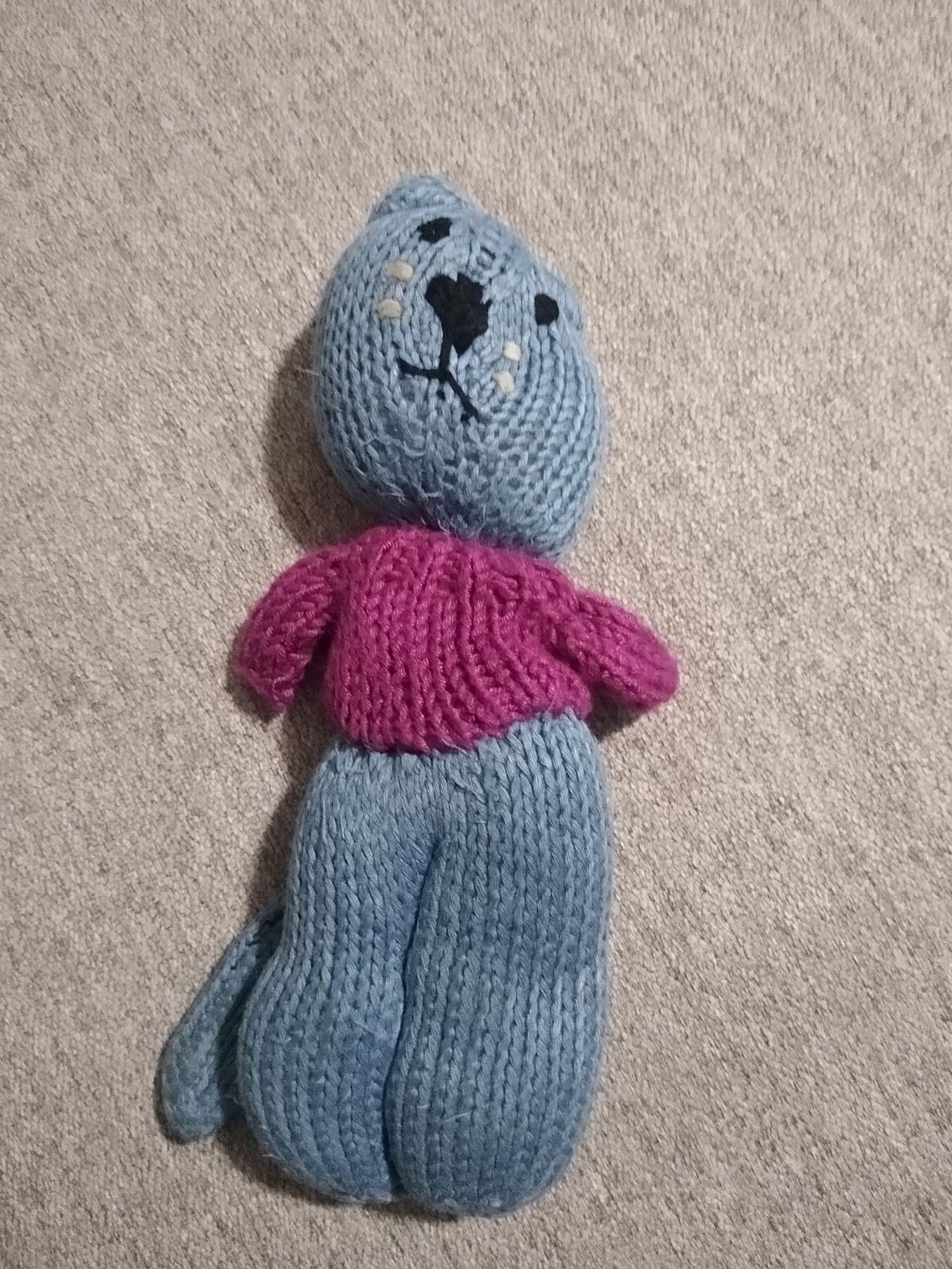 My son's lost lovey, answers to "blue kitty". A blue hand knit cat with a purple sweater. He's had it since he was an infant, we last definitely saw it when we got off the Q at Parkside Sunday afternoon (Sept 8). We walked from there through the Parade Ground to our cousins in Windsor Terrace, walking down Caton.