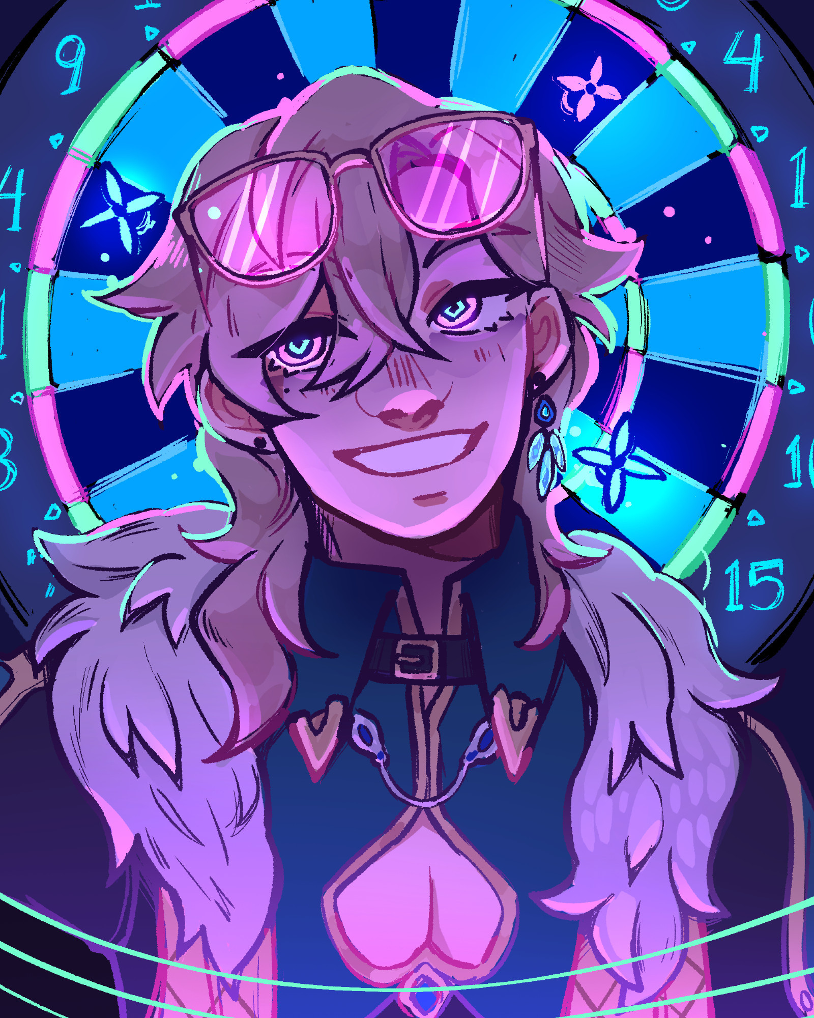 A chest-up illustration of Aventurine from Honkai Star Rail. The background is florescent blue/magenta dart board and Aventurine is lit with pink/purple shading. He is smiling with his head tilted and his sunglasses are pushed onto his head.