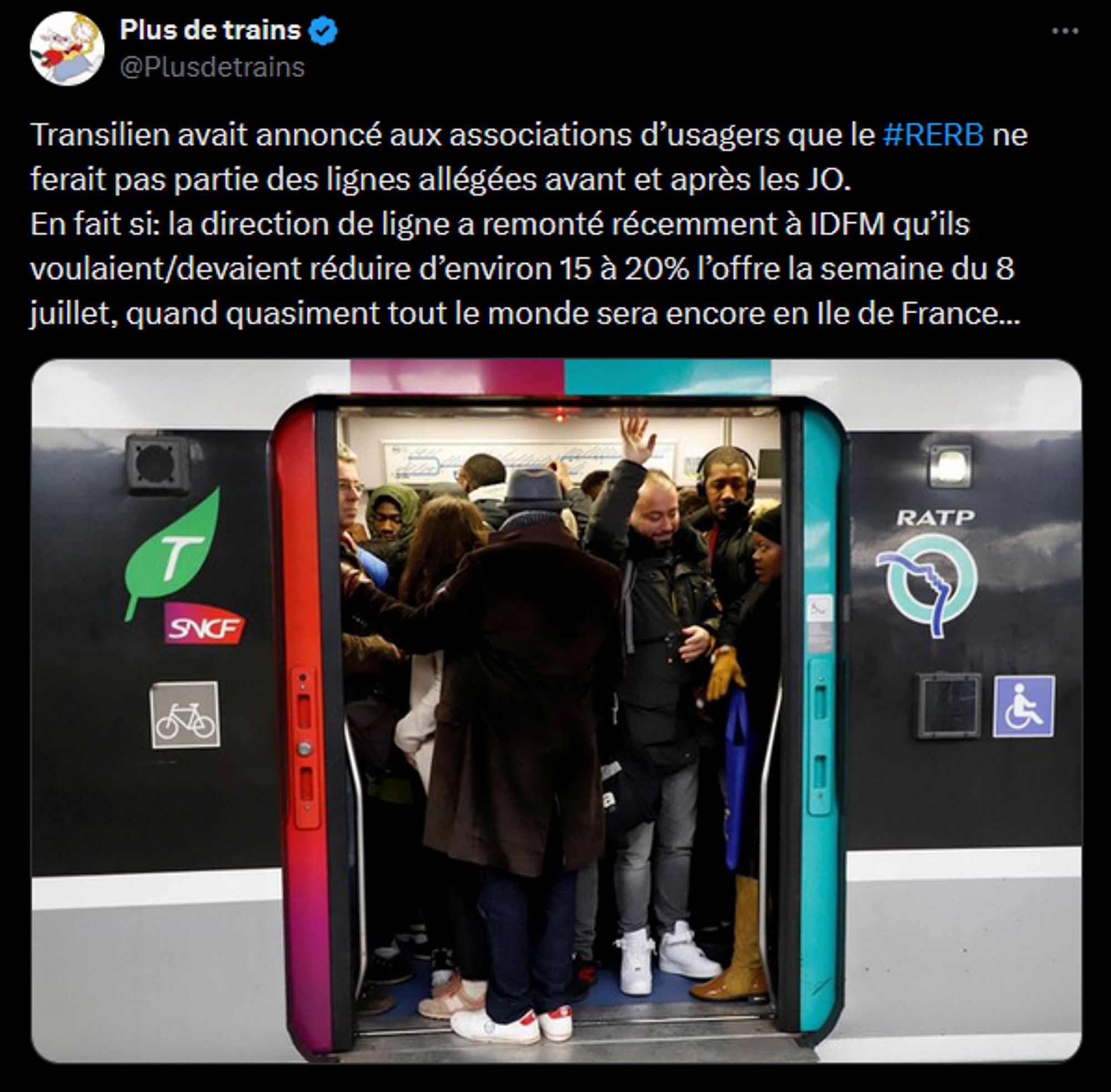 Transilien avait annoncé aux associations d’usagers que le RERB ne ferait pas partie des lignes allégées avant et après les JO. 
En fait si: la direction de ligne a remonté récemment à IDFM qu’ils voulaient/devaient réduire d’environ 15 à 20% l’offre la semaine du 8 juillet, quand quasiment tout le monde sera encore en Ile de France…