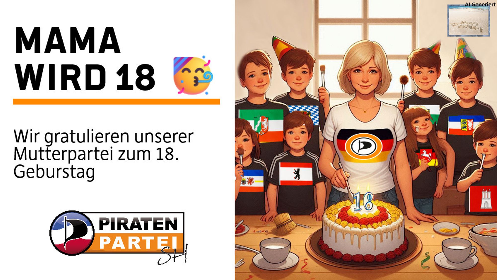 Links eine Weißblende mit folgenem Text
Mama wird 18 🥳
Wir gratulieren unserer Mutterpartei zum 18. Geburstag 
Darunter das Logo der PiratenSH P in segelform auf grund einer gewellten sh flagge und ein piratenpartei in mit weiß HG schwarzer und organge HG weißer schrift .
Auf dem Bild eine Mutter mit 8 Kindern jedes Kind ist mit einer Flagge als T-Shirt ausgerüstet undsimbolysiert die hälfte der LV der Piratenpartei, welche der in der Mitte Zentrierten Mutter gratulien mit Kuchen