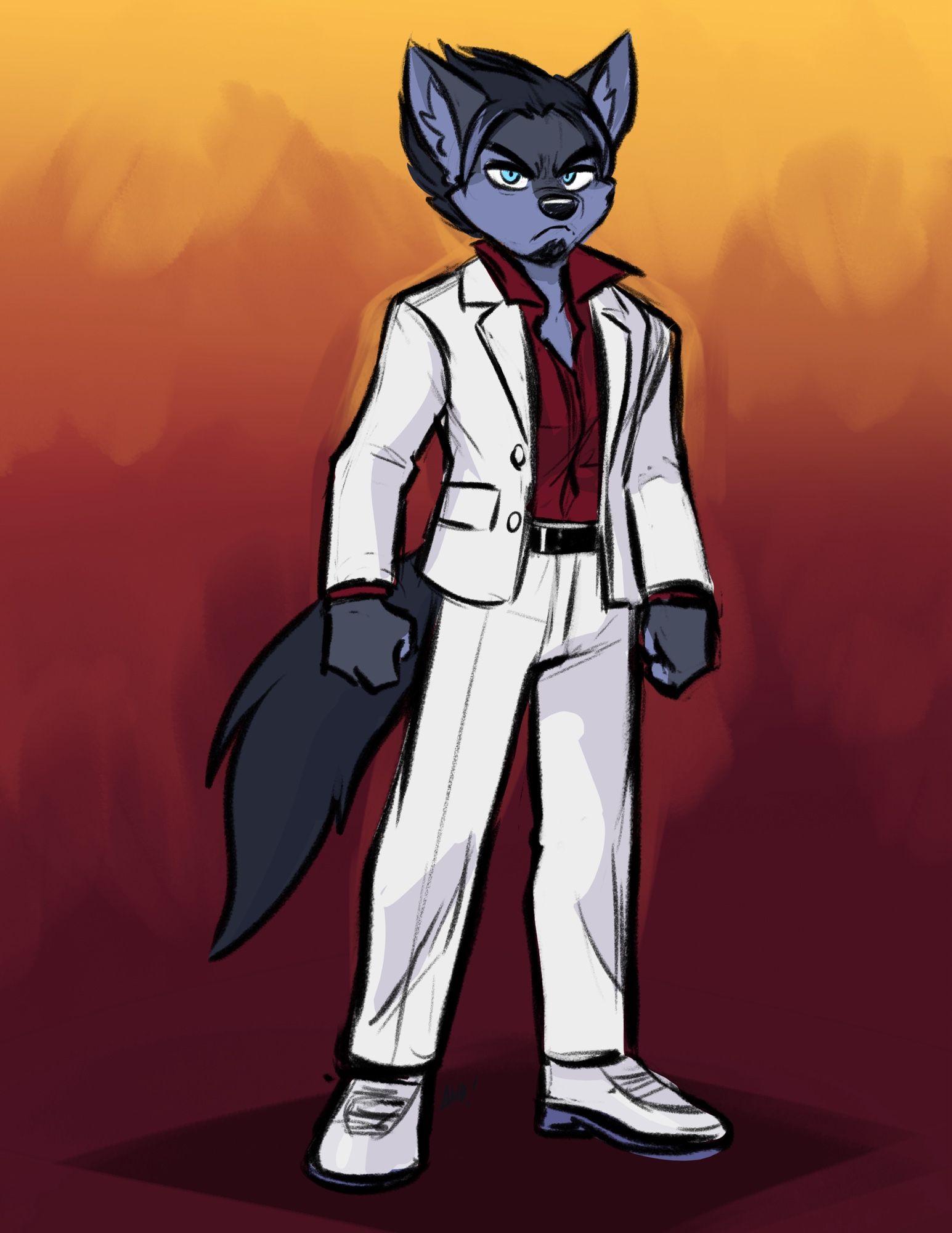 Kevin Rio, an anthro wolf, standing stoically as he’s dressed like Kazuma Kiryu, major protagonist in the Like a Dragon series, from Yakuza 0 to Yakuza 6. His hair is slicked back to make himself look as close to Kiryu as possible.