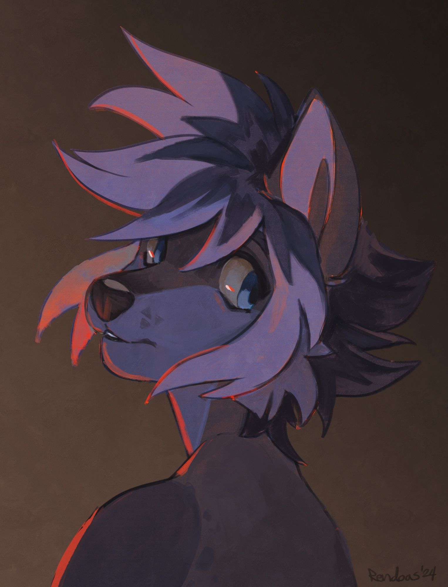 A headshot of Kevin Rio, an anthro wolf, gazing over his left shoulder to look at the viewer 