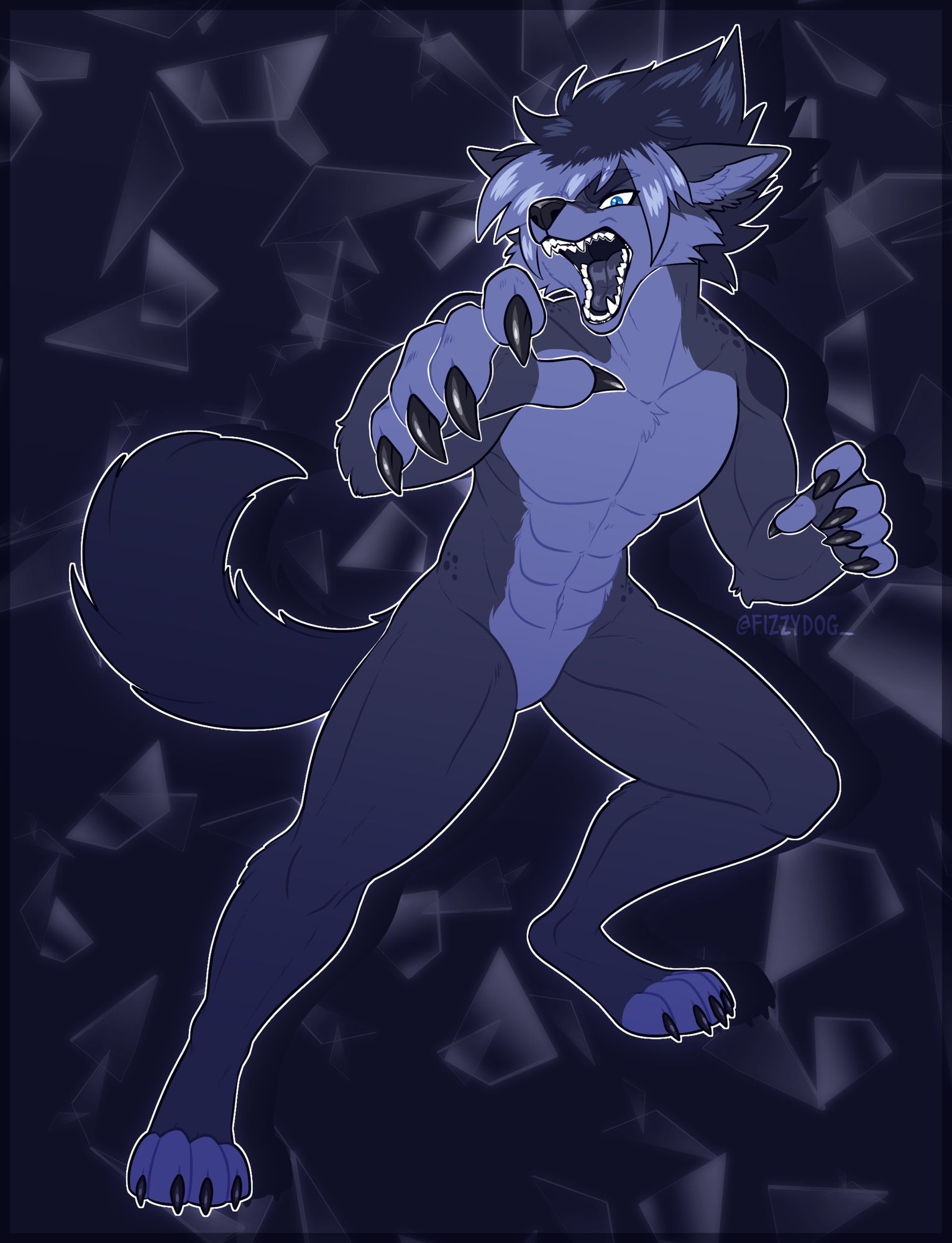 Kevin Rio, an anthro wolf, snarling fiercely, showing his fangs and teeth as he lunges forward, claws set to either scare or strike