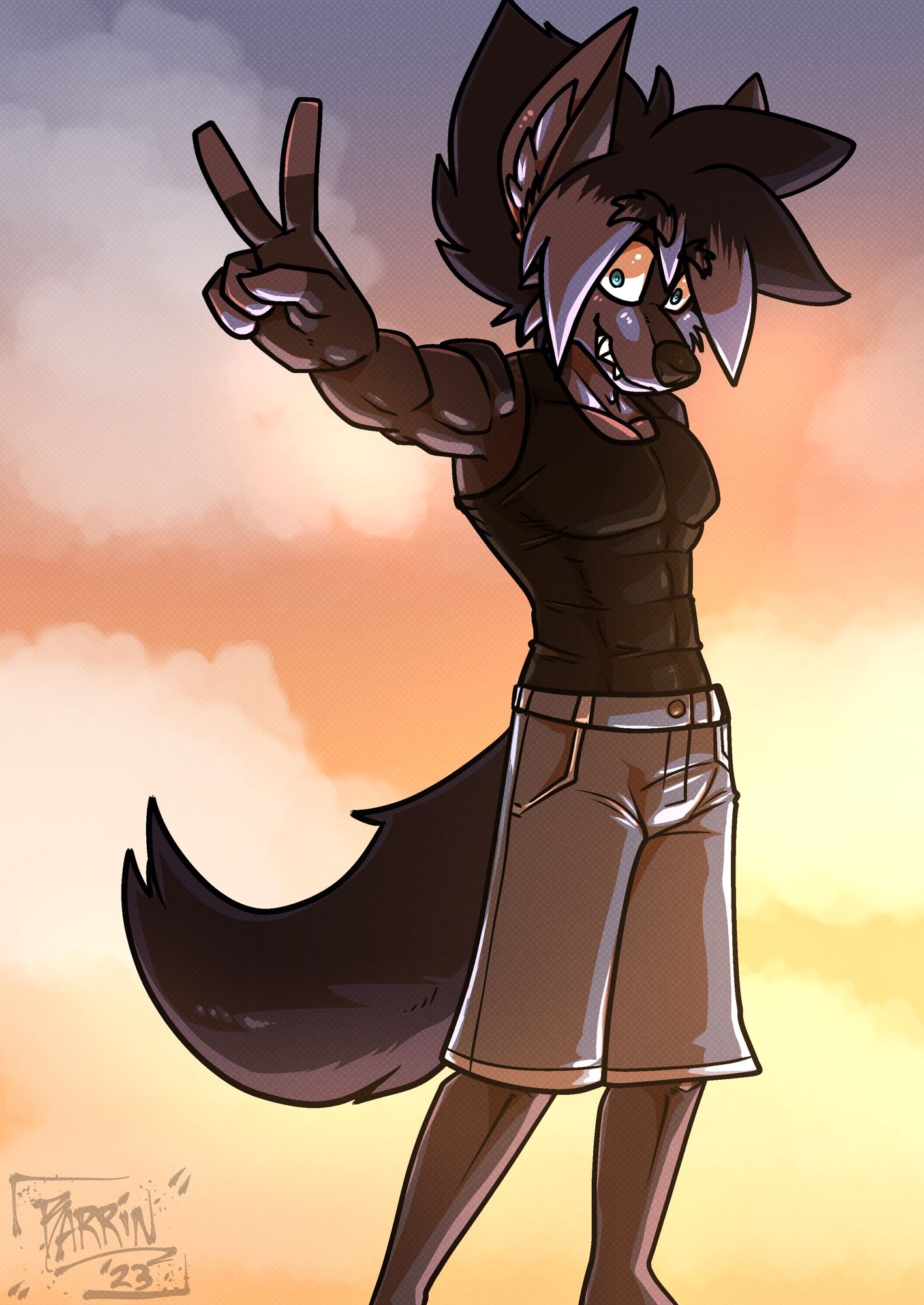 A pic of Kevin Rio, an anthro wolf, giving a peace sign ✌️ while dressed in a black tank top and shorts