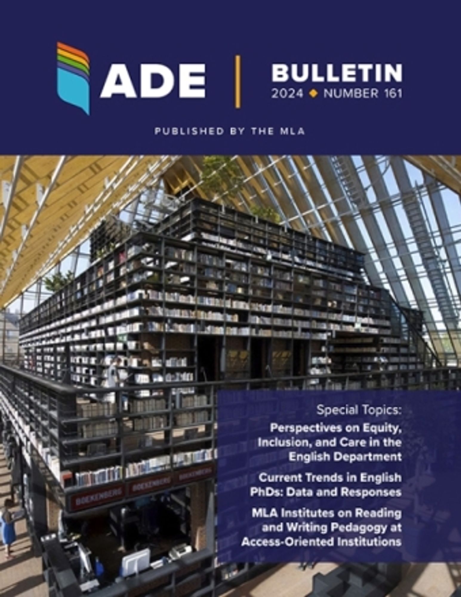 Cover of the new issue of ADE Bulletin, with special topics including Perpectives on Equity, Inclusion, and Care in the English Department