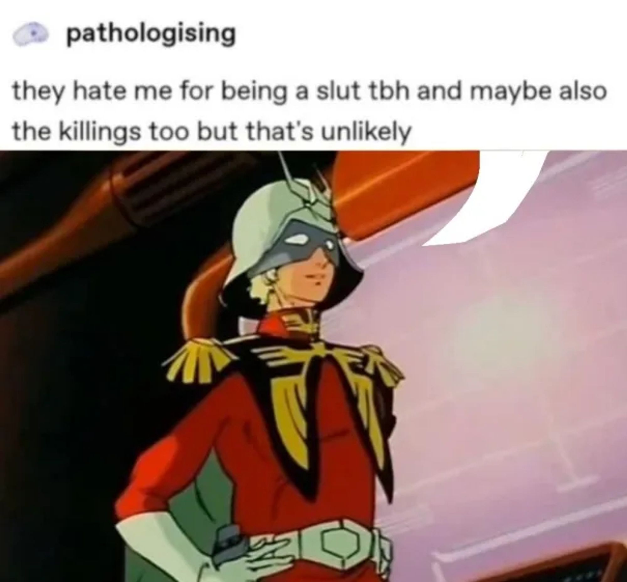 A picture of Char Aznable from Mobile Suit Gundam, appearing to say the following from Tumblr user pathologising:

"they hate me for being a slut tbh and maybe also the killings too but that's unlikely"