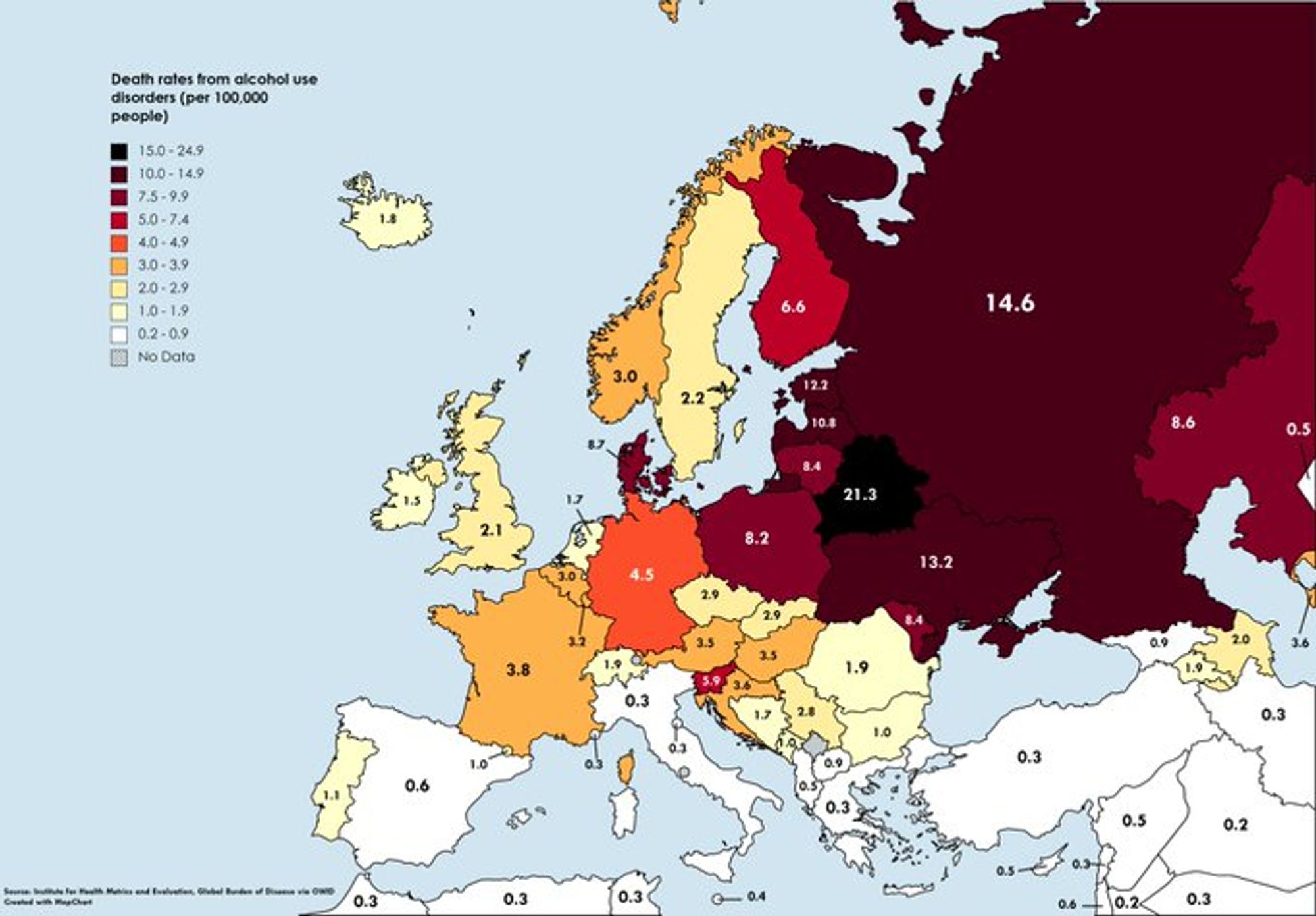 Map shows death rates from alcohol use disorders per 100,000 people. Russia is high at 14.6, France is 3.7, Britain is 2.1.