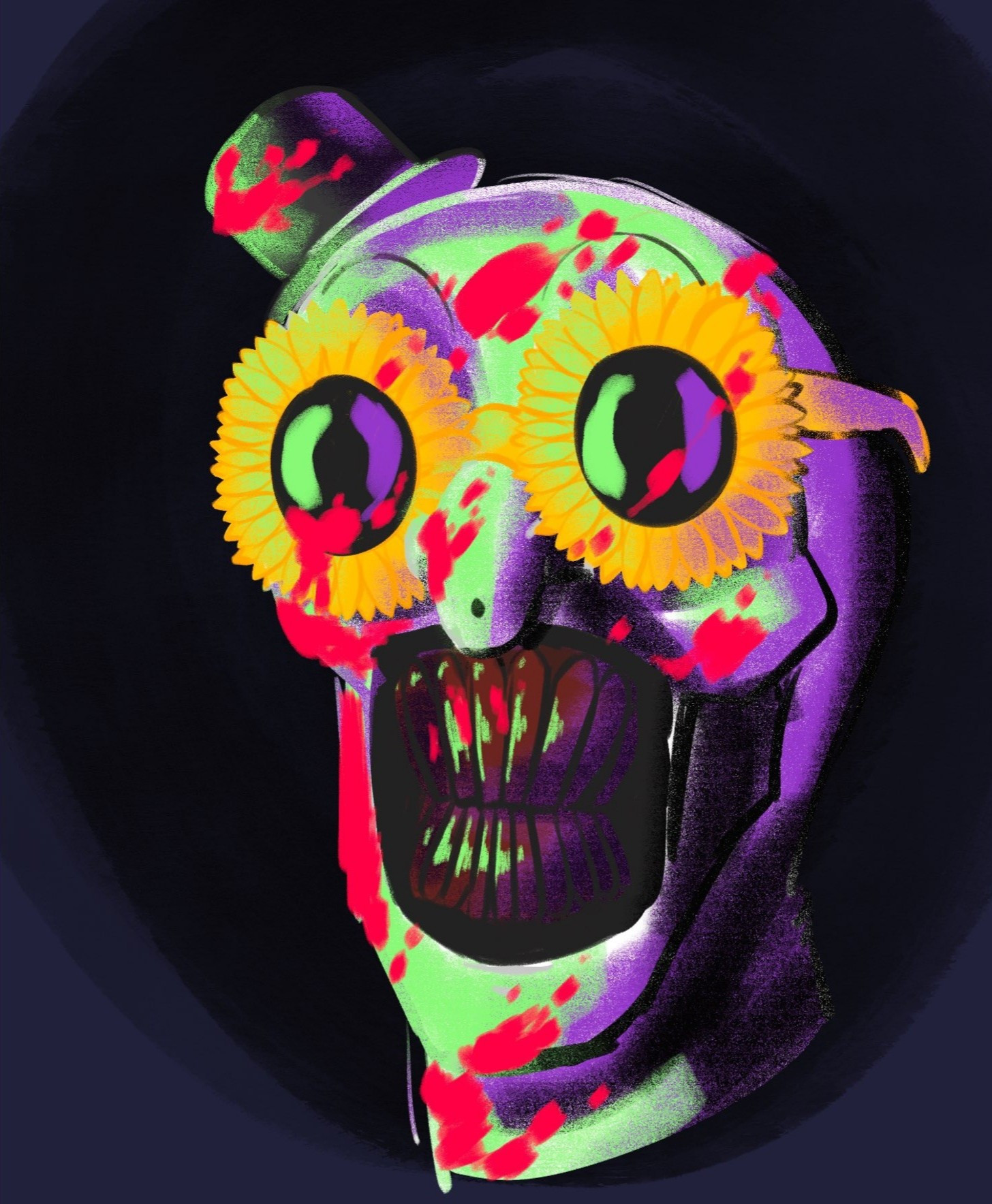 A very brightly colored heads hot of a clown with sunflower glasses.