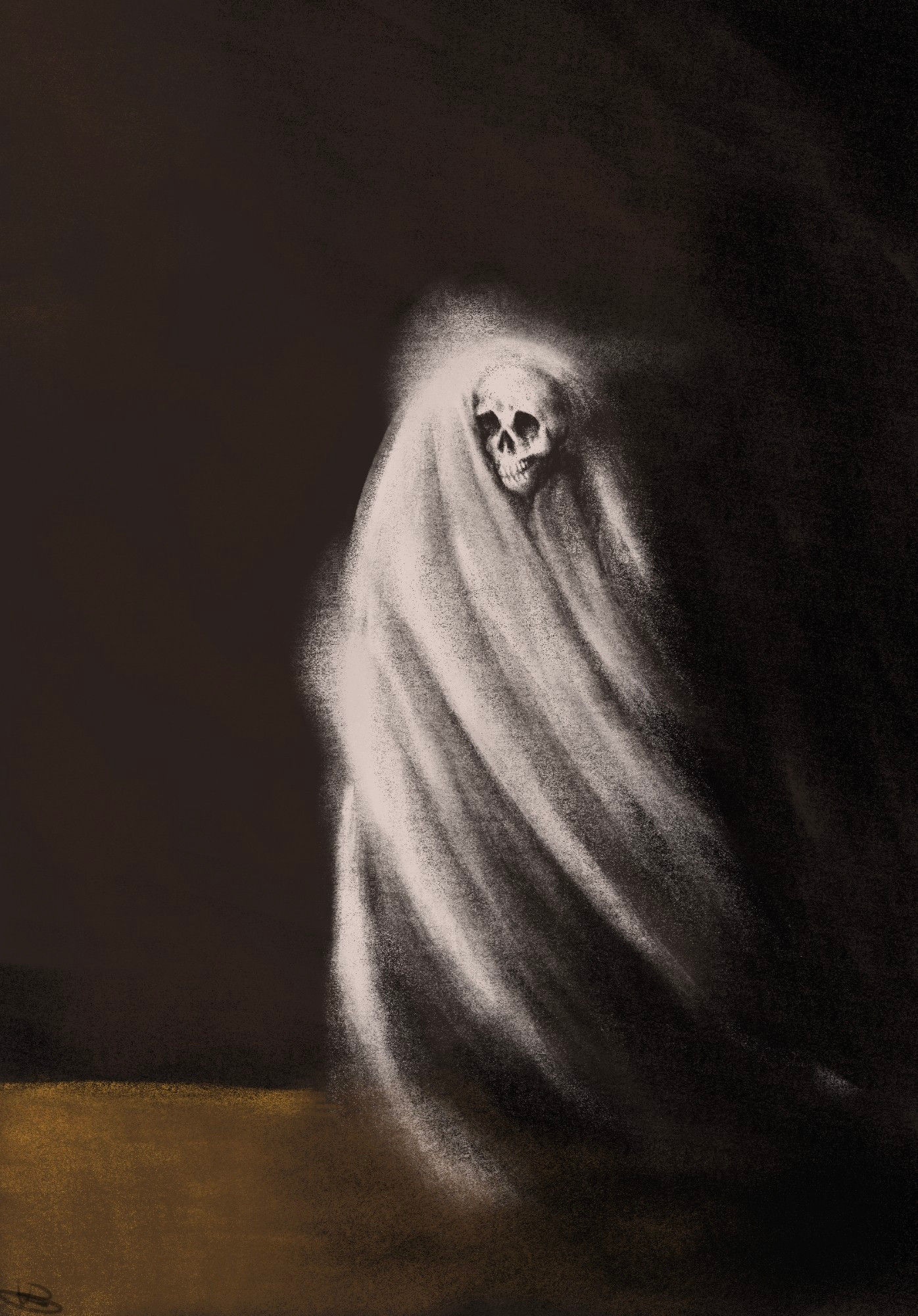 A partially translucent white being with a skull nestled in it shaped like a sheet ghost in a bare, warm room.