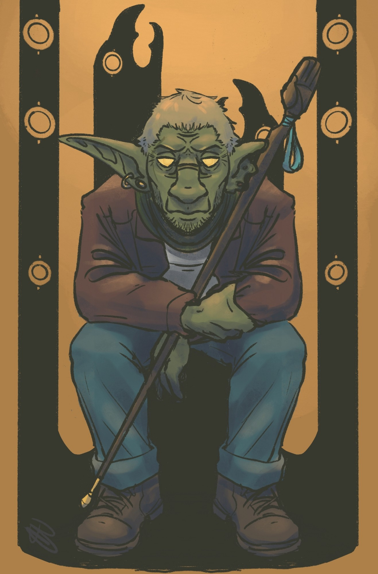 A tired looking goblin with glowing yellow eyes, a walking stick, and shadow snakes rising behind him as he sits with his elbows on his knees.