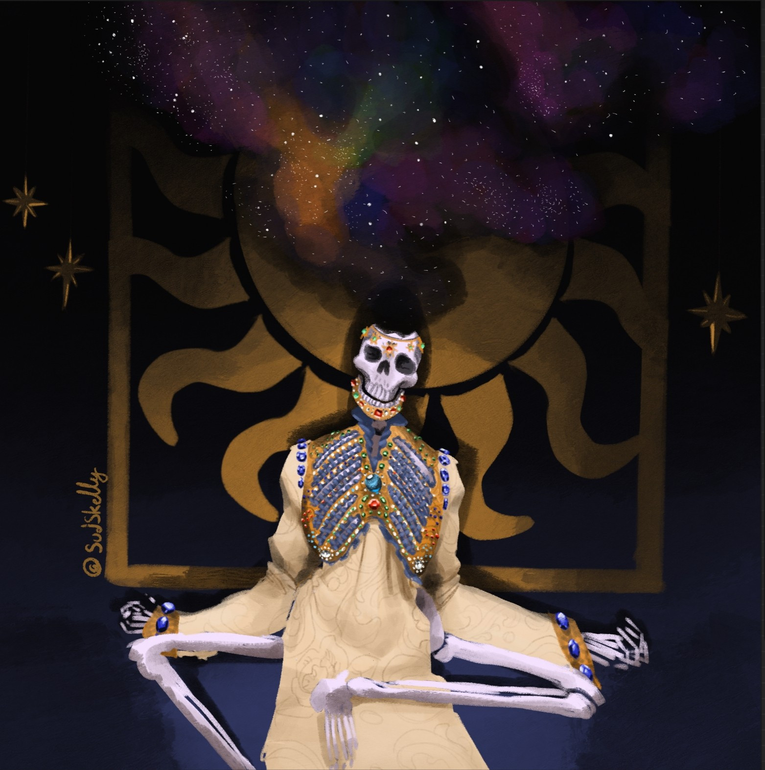 A bejeweled skeleton sitting with the stars and nebula escaping its skull.