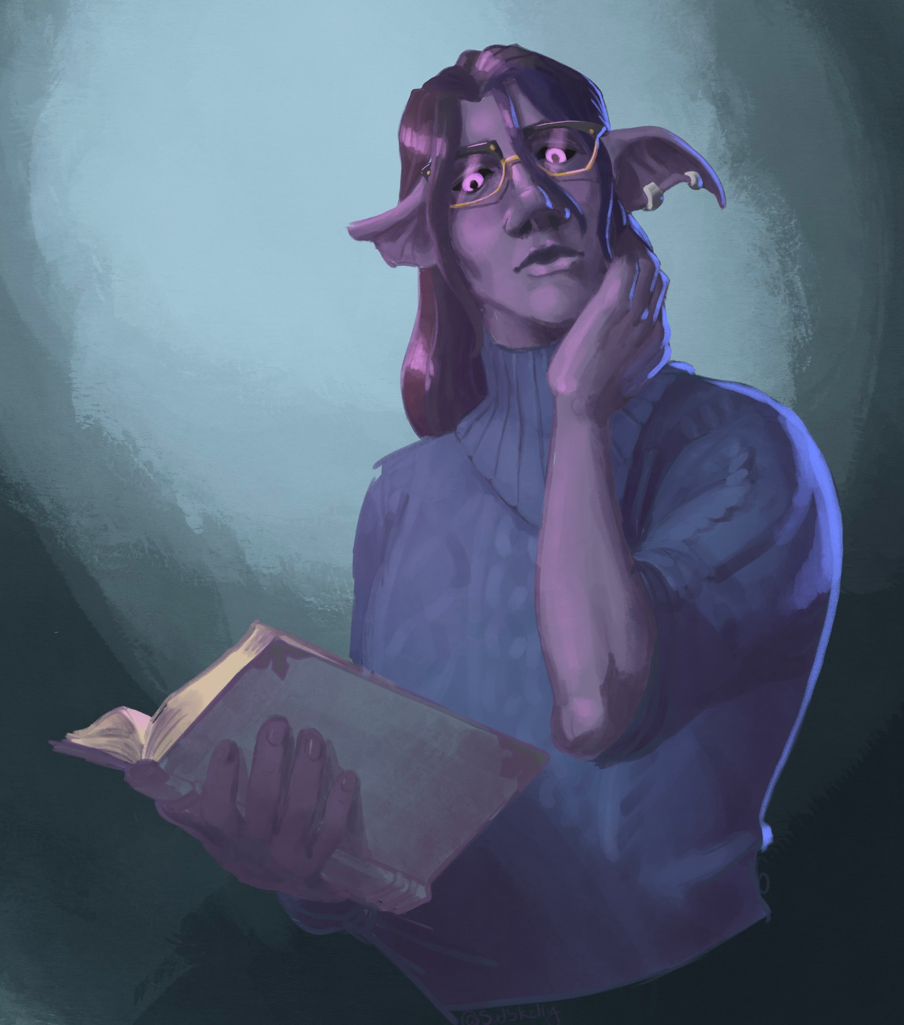 A tired looking night elf with a mangled ear in a sweater and carrying a book.