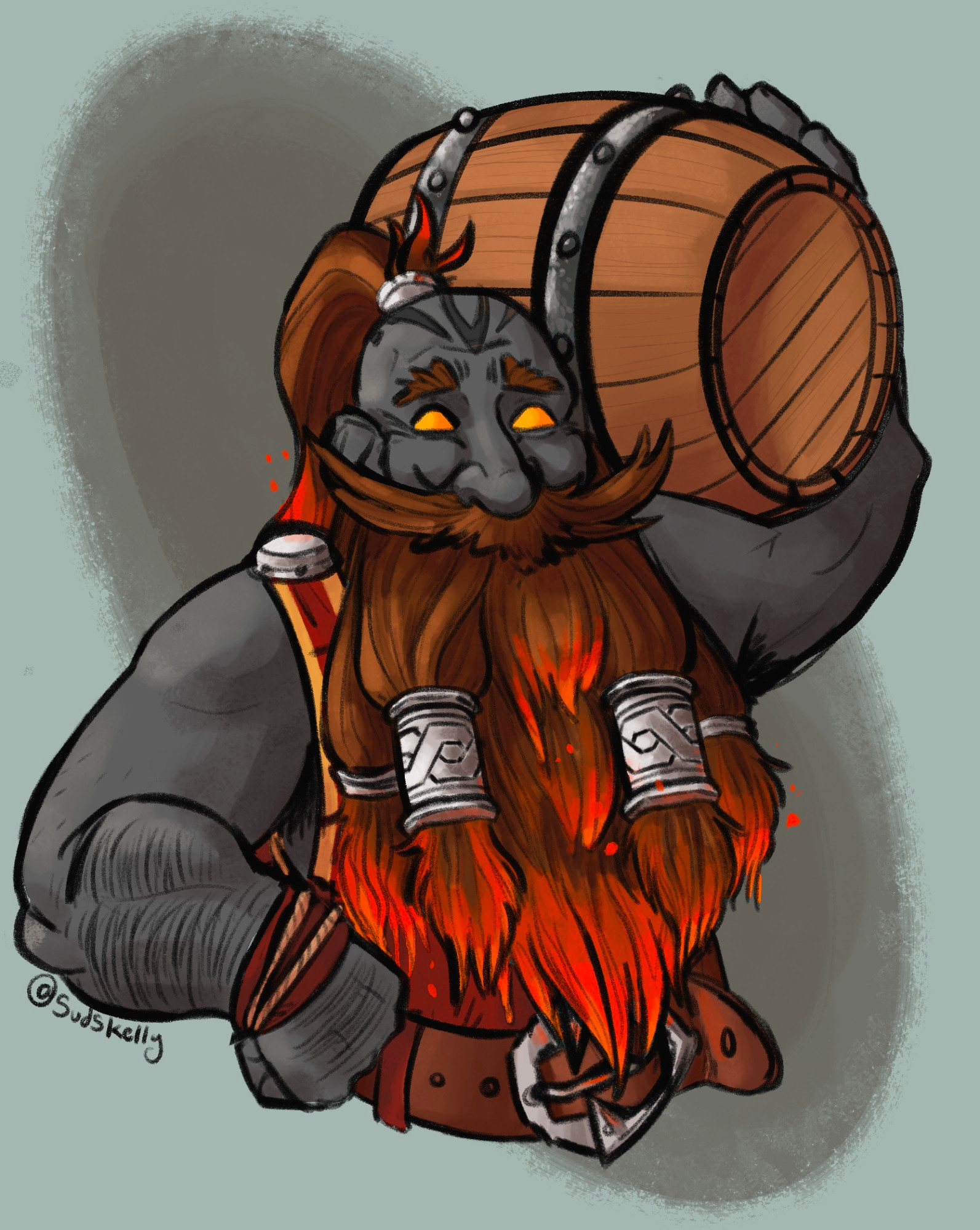 A happy dark iron dwarf with a barrel on his shoulder.