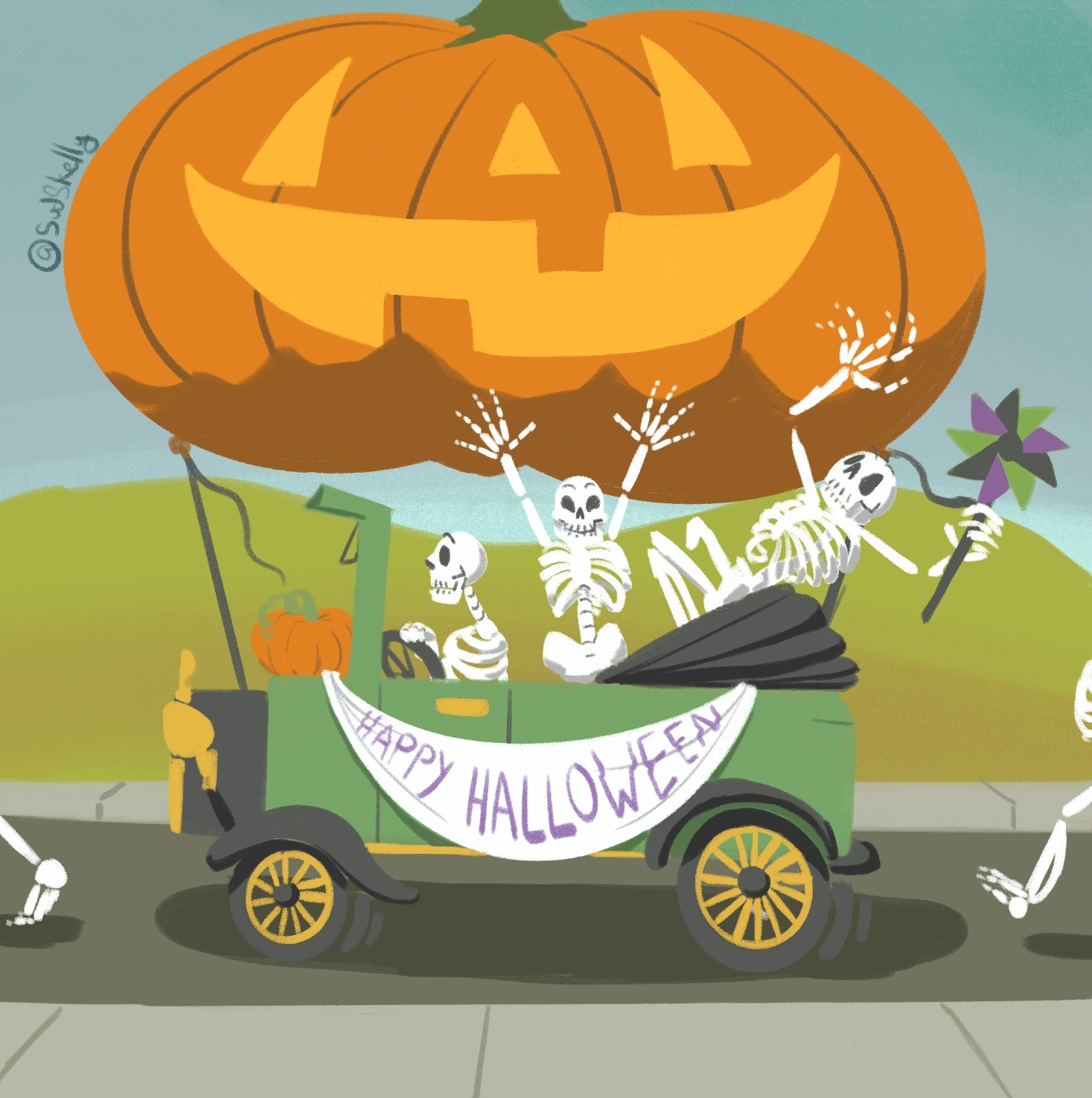 A cute autumn day parade with 3 skeletons in a jallopy toting around a large jack-o-lantern balloon.