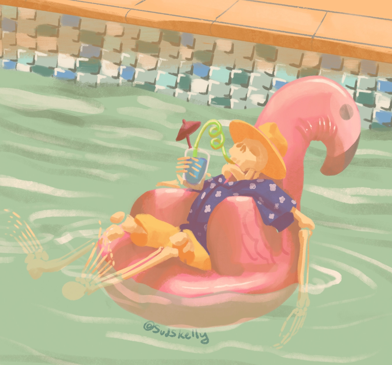 A summertime skeleton in a hat sipping a drink in its flamingo floaty in the pool.