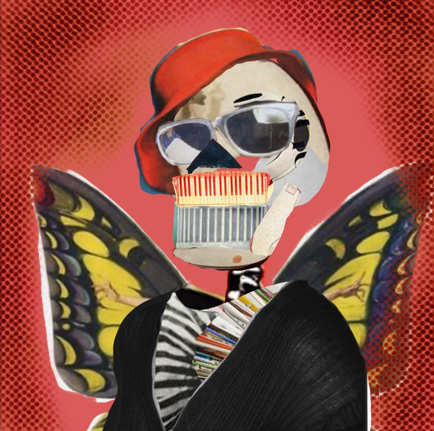 A cobbled together image of a skeleton in a had and shawl with butterfly wings.