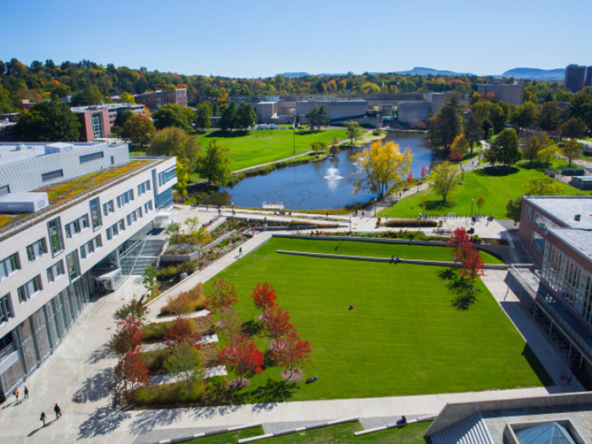 Arial view of UMass campus pond in the fall