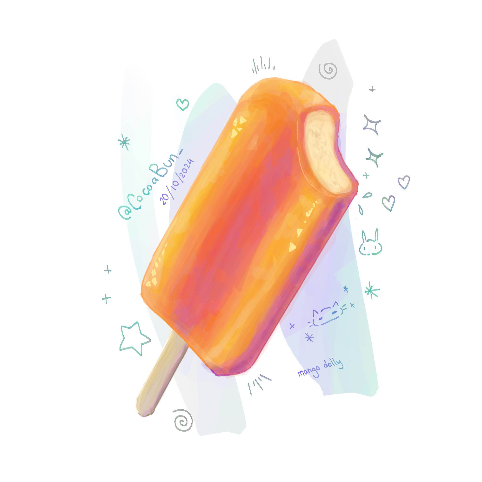 A digital art image of a mango dolly icecream with tiny cute doodles of bunny, star, cats and squiggles around it. It also has an @ username of my twitter account which i originally made it for.