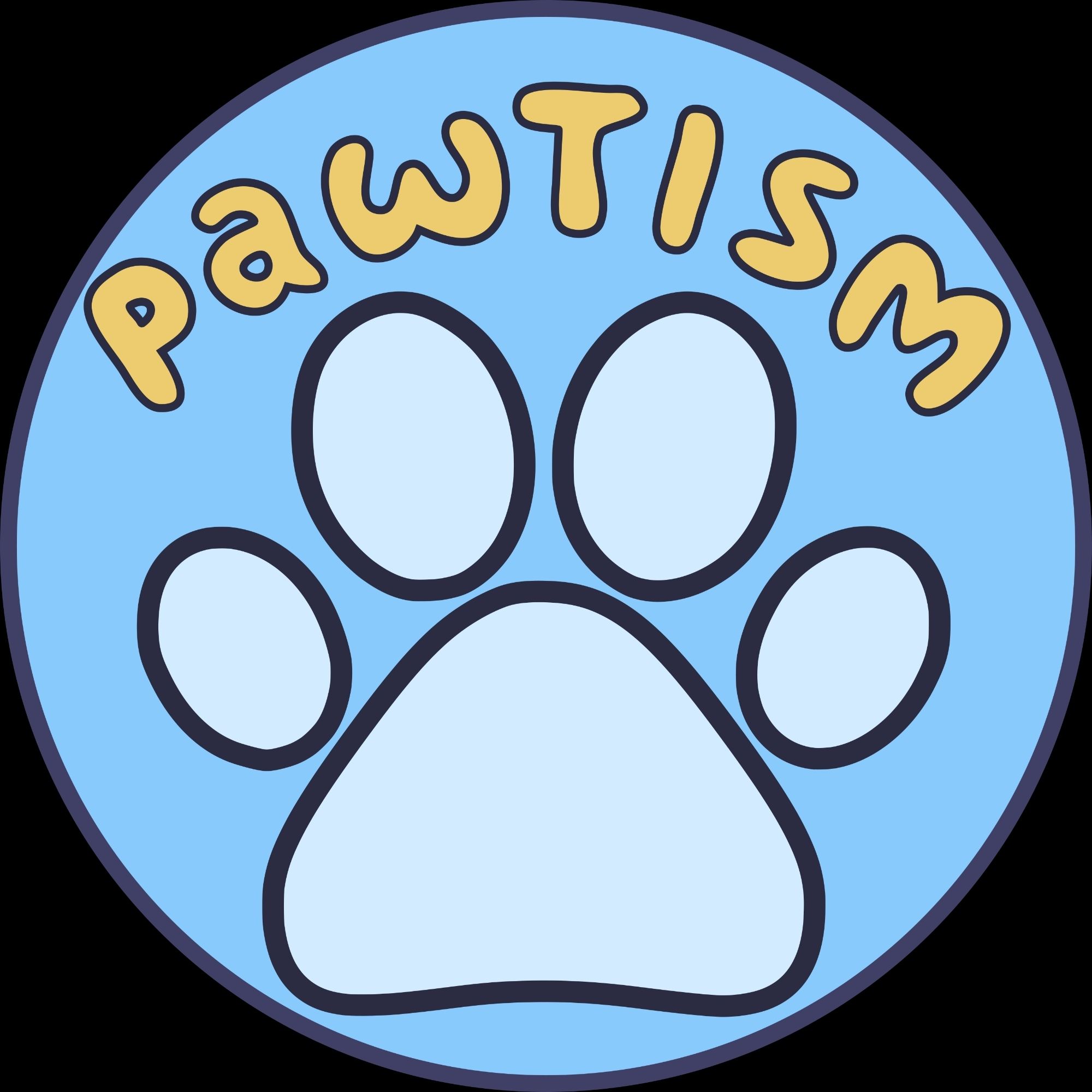 A digital graphic made in inkscape.
There's a circle with a dark blue outline, and a light blue fill. Inside the circle at the top in a yellowish color with a dark blue outline is the text "Pawtism" in a similar font to the bluey font. Under the text is a simple paw print with 4 toes and a pad. They have a dark blue outline, and a light blue fill (lighter than the circle)