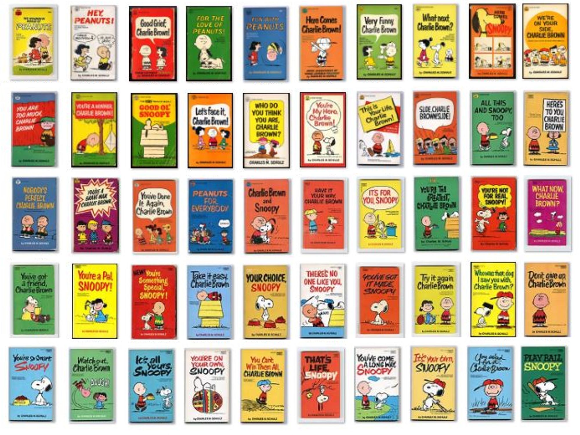 Fifty book covers of Peanuts comic strip reprint paperbacks.