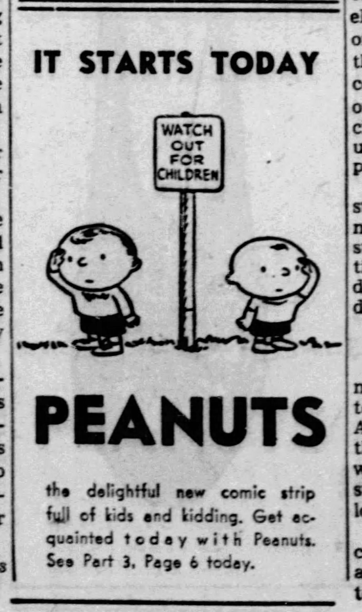 Ad for the comic strip Peanuts from October 2, 1950, as it appeared in the Chicago Tribune. It shows Shermy and Charlie Brown holding their hands above their eyes to shield them, standing below a traffic sign that reads "Watch Out For Children."